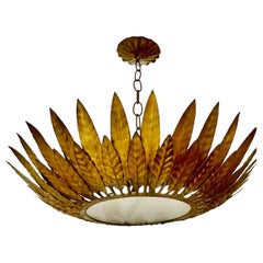 Large Spanish Sunburst fixture in Gilt Metal with support, circa 1950