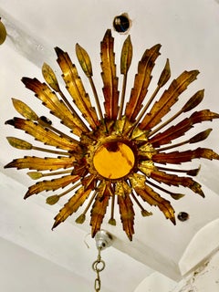 Large Spanish Sunburst Flush Mount in Gilt Metal with support, circa 1950