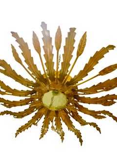 Large Spanish Sunburst Flush Mount in Gilt Metal with support, circa 1950