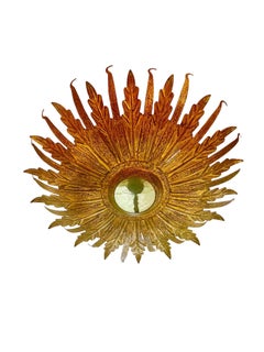 Large Spanish Sunburst Flush Mount in Gilt Metal with support, circa 1950