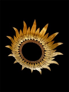 Large Spanish Sunburst Flush Mount in Gilt Metal with support, circa 1950