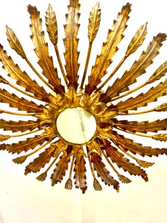 Large Spanish Sunburst Flush Mount in Gilt Metal with support, circa 1950