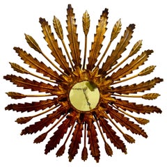 Large Spanish Sunburst Flush Mount in Gilt Metal with support, circa 1950