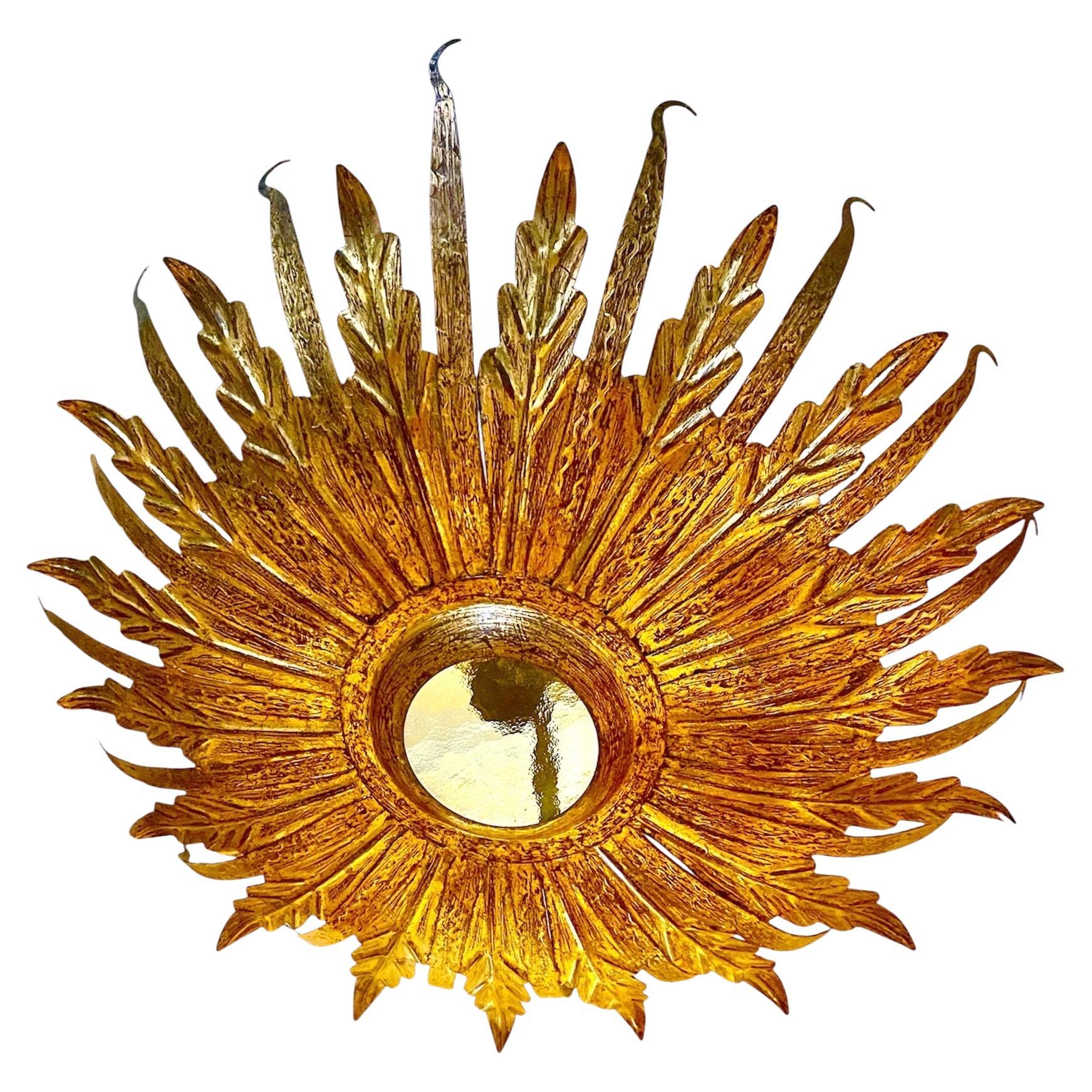 Large Spanish Sunburst Flush Mount in Gilt Metal with support, circa 1950