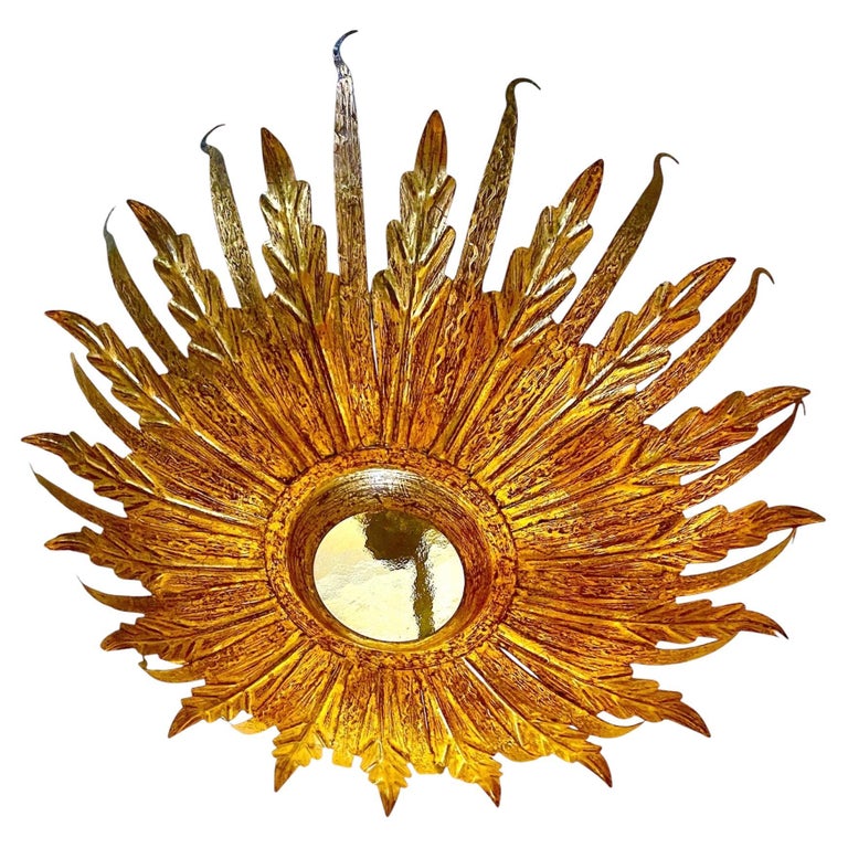 Large Spanish Sunburst Flush Mount in Gilt Metal with support, circa 1950