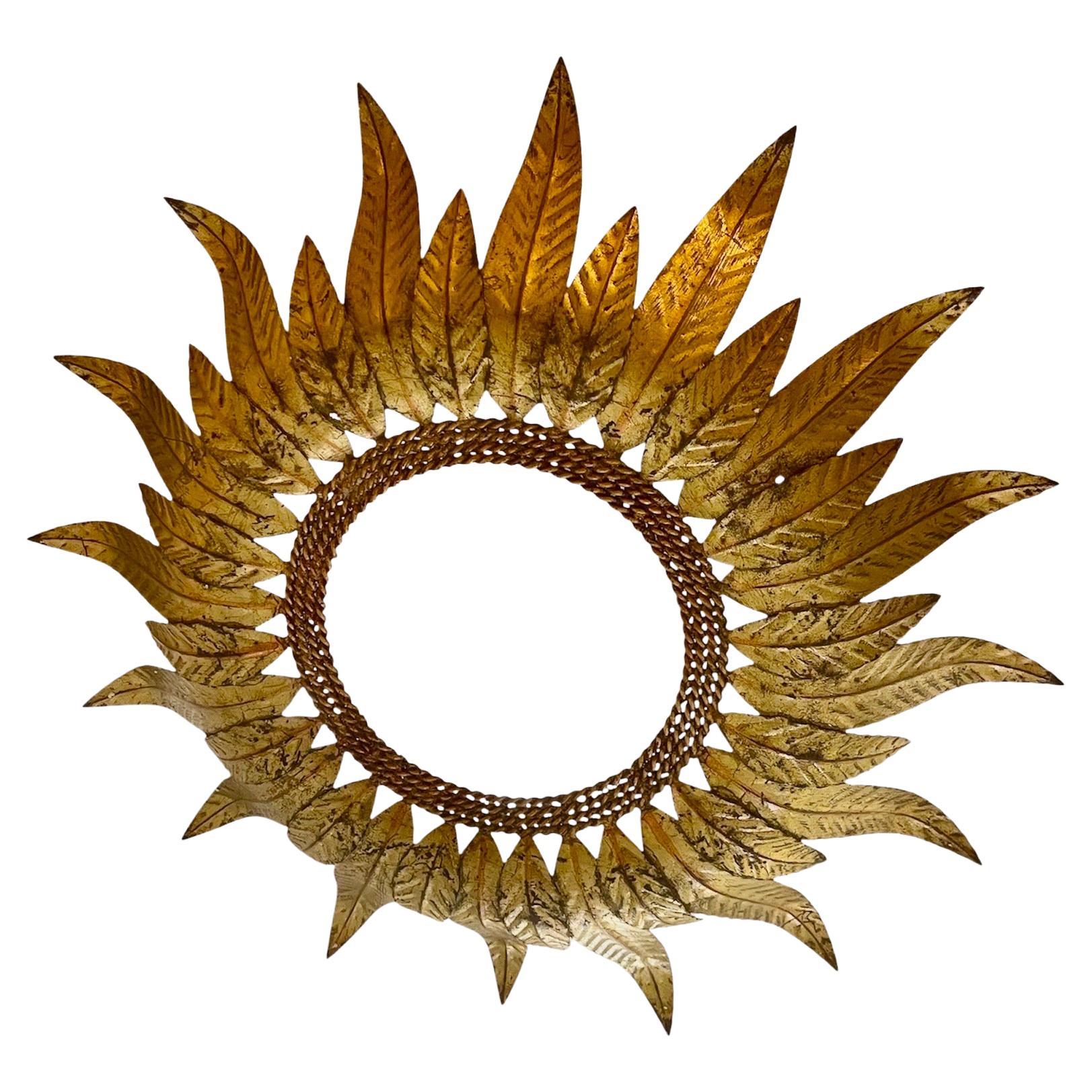 Large Spanish Sunburst Flush Mount in Gilt Metal with support, circa 1950