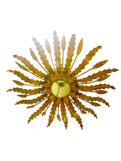 Large Spanish Sunburst Flush Mount in Gilt Metal with support pair, circa 1950