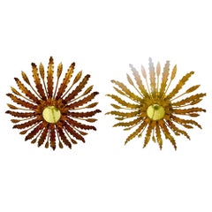 Large Spanish Sunburst Flush Mount in Gilt Metal with support pair, circa 1950