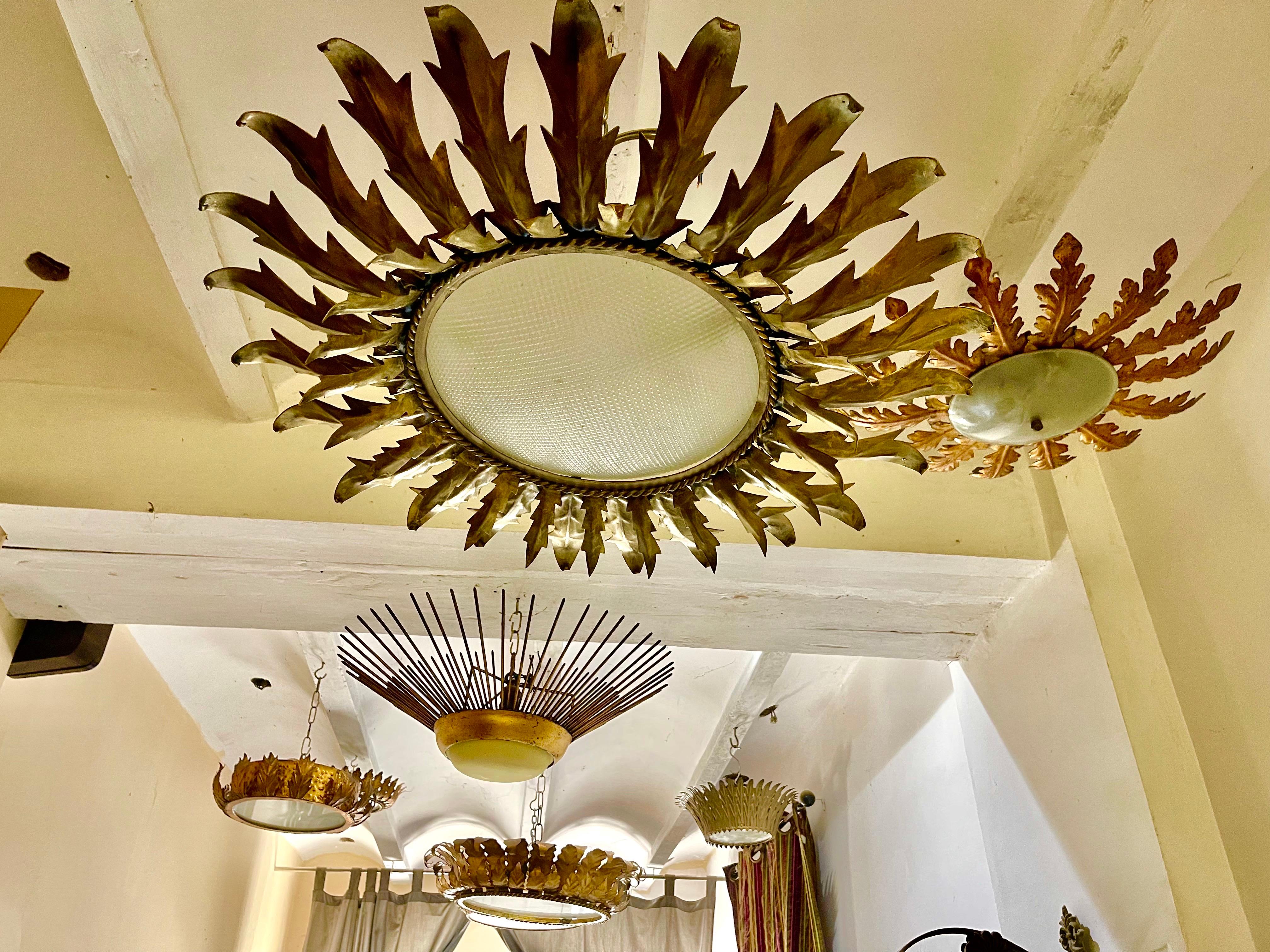 Frosted Large Spanish Sunburst Flush Mount round curve glass , circa 1950 For Sale