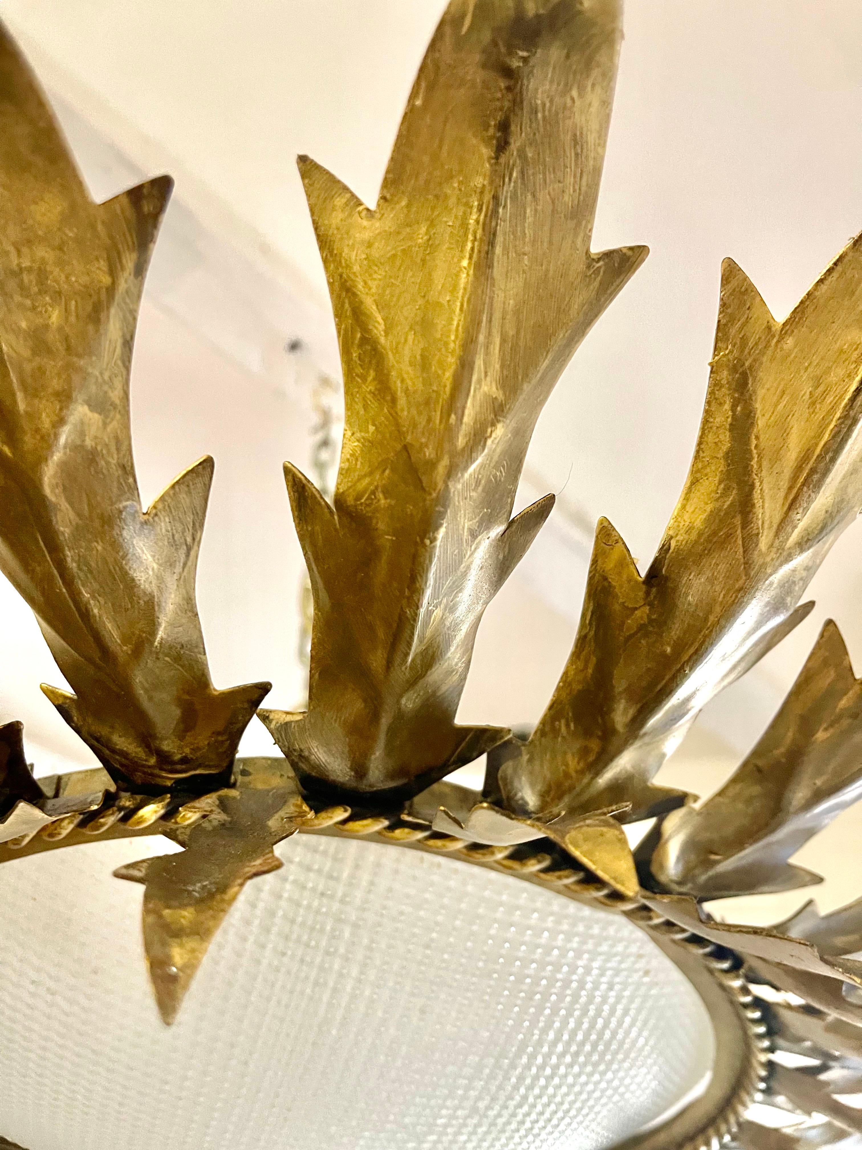 Large Spanish Sunburst Flush Mount round curve glass , circa 1950 In Good Condition For Sale In La xara, VC