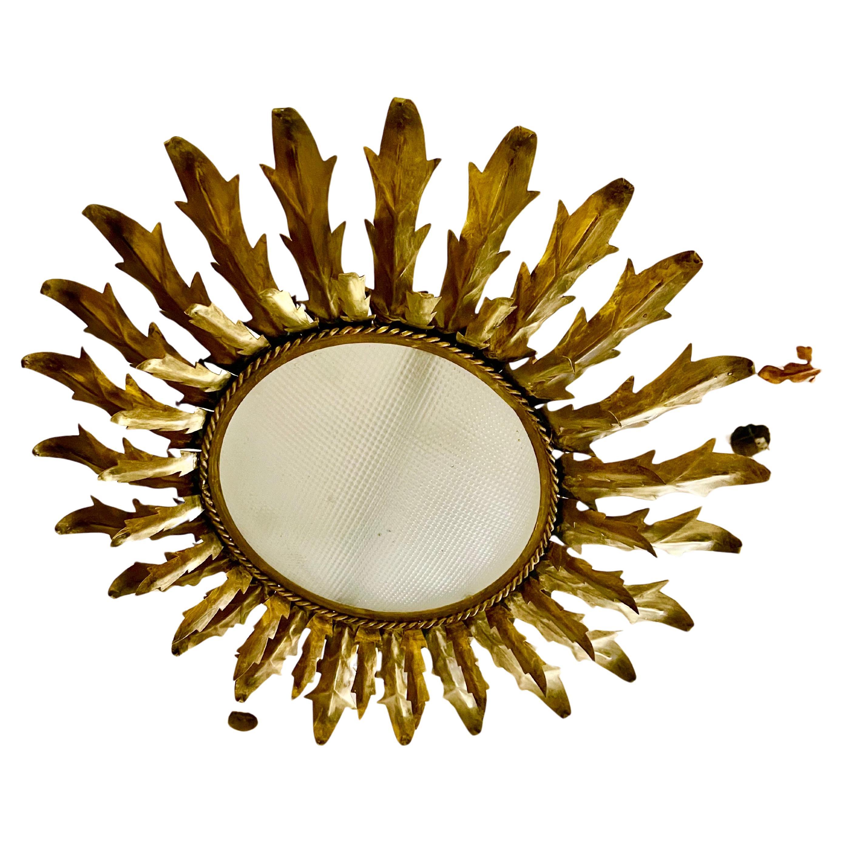 Large Spanish Sunburst Flush Mount round curve glass , circa 1950 For Sale