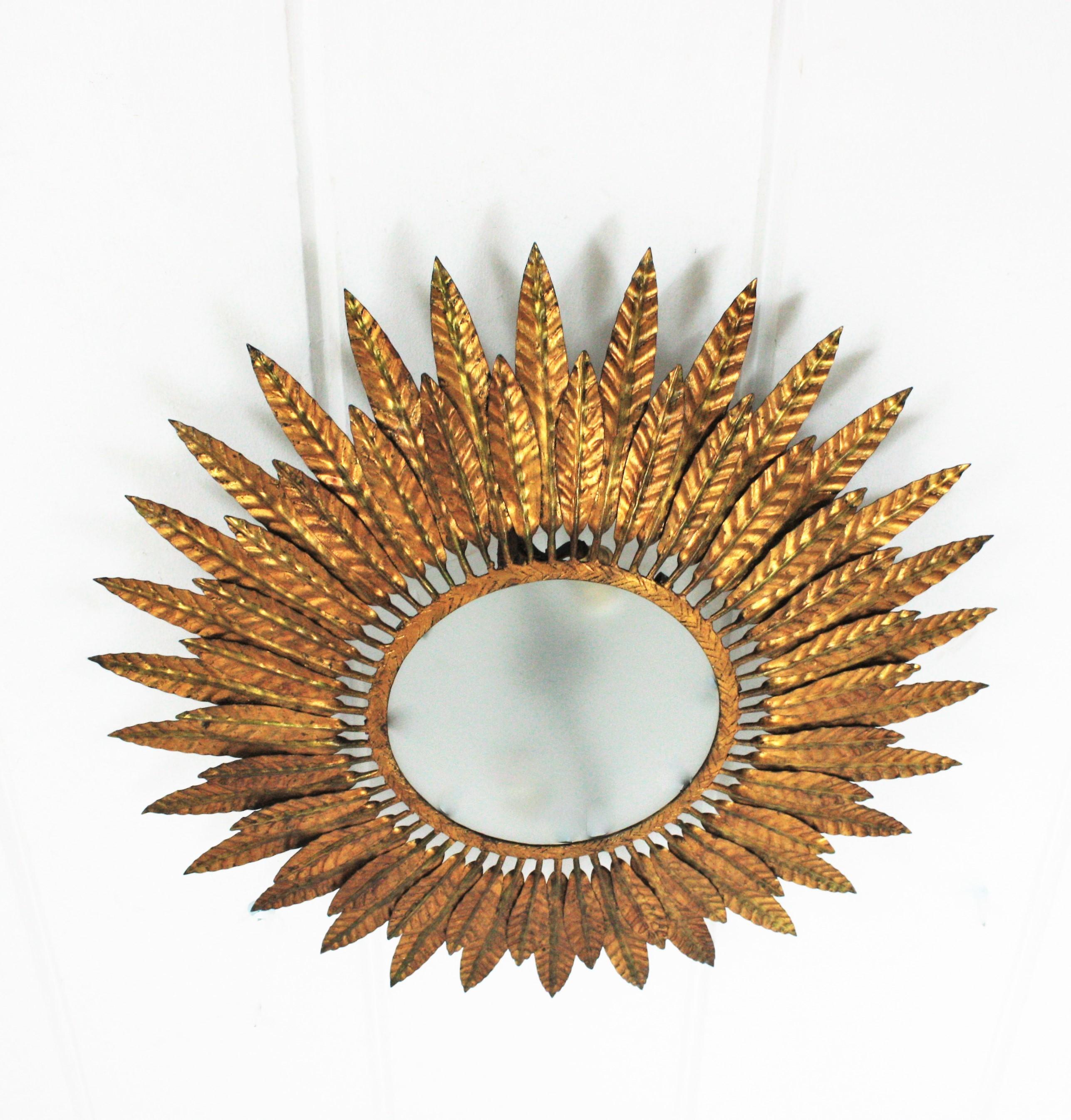 Gilt Iron Sunburst Leafed Light Fixture with Frosted Glass, Spain, 1950s For Sale 3