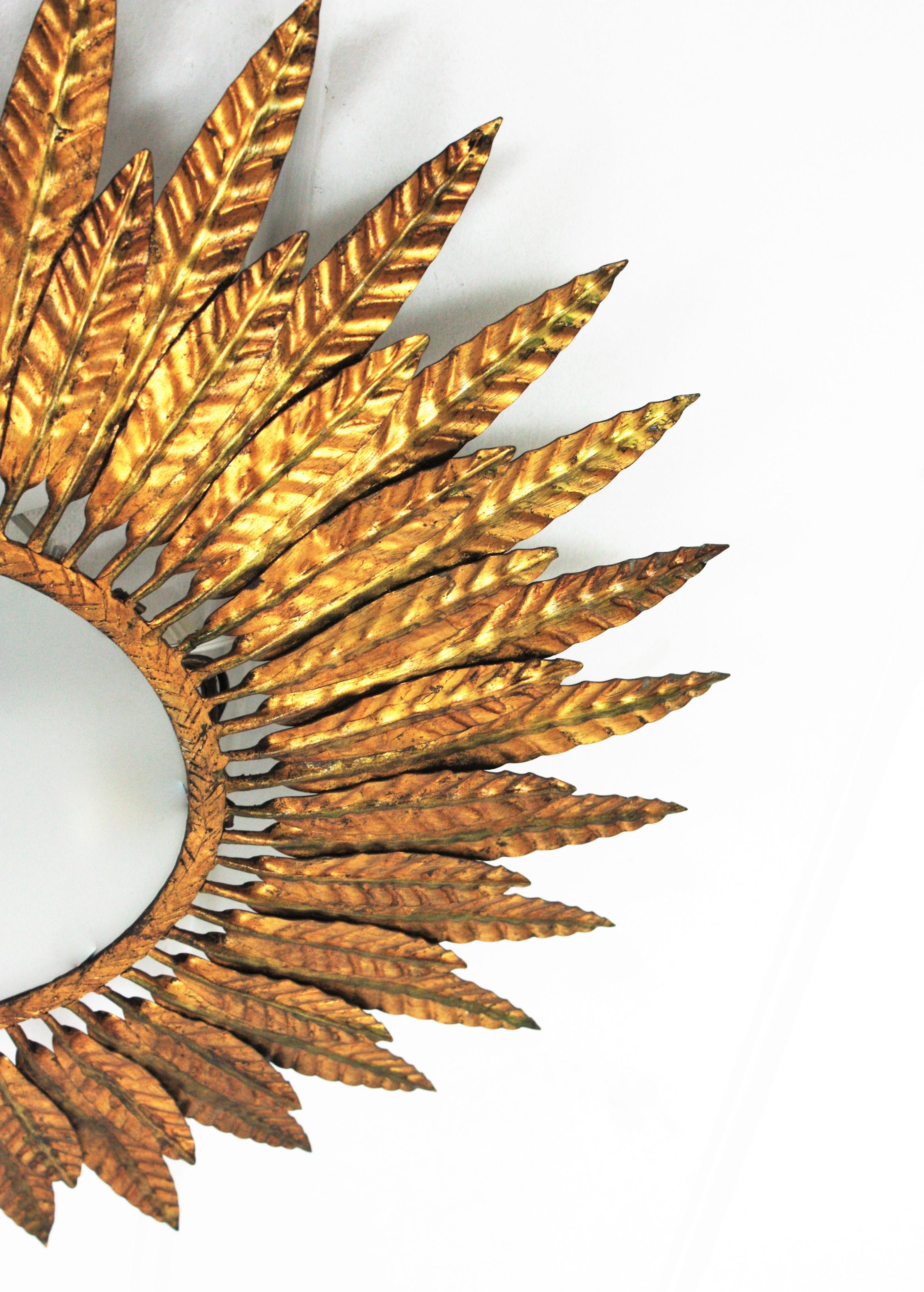 Gilt Iron Sunburst Leafed Light Fixture with Frosted Glass, Spain, 1950s For Sale 6