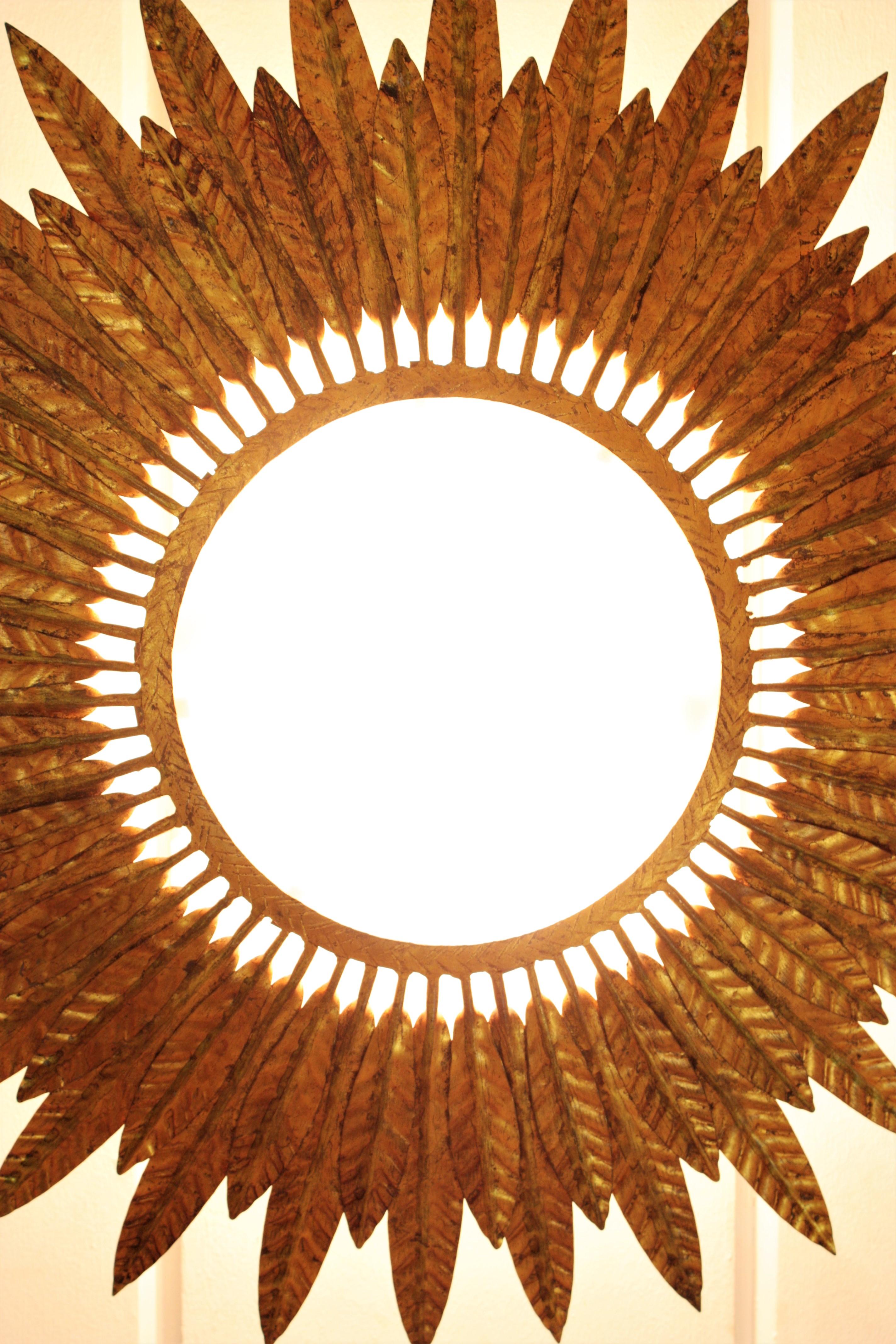 Gilt Iron Sunburst Leafed Light Fixture with Frosted Glass, Spain, 1950s For Sale 7