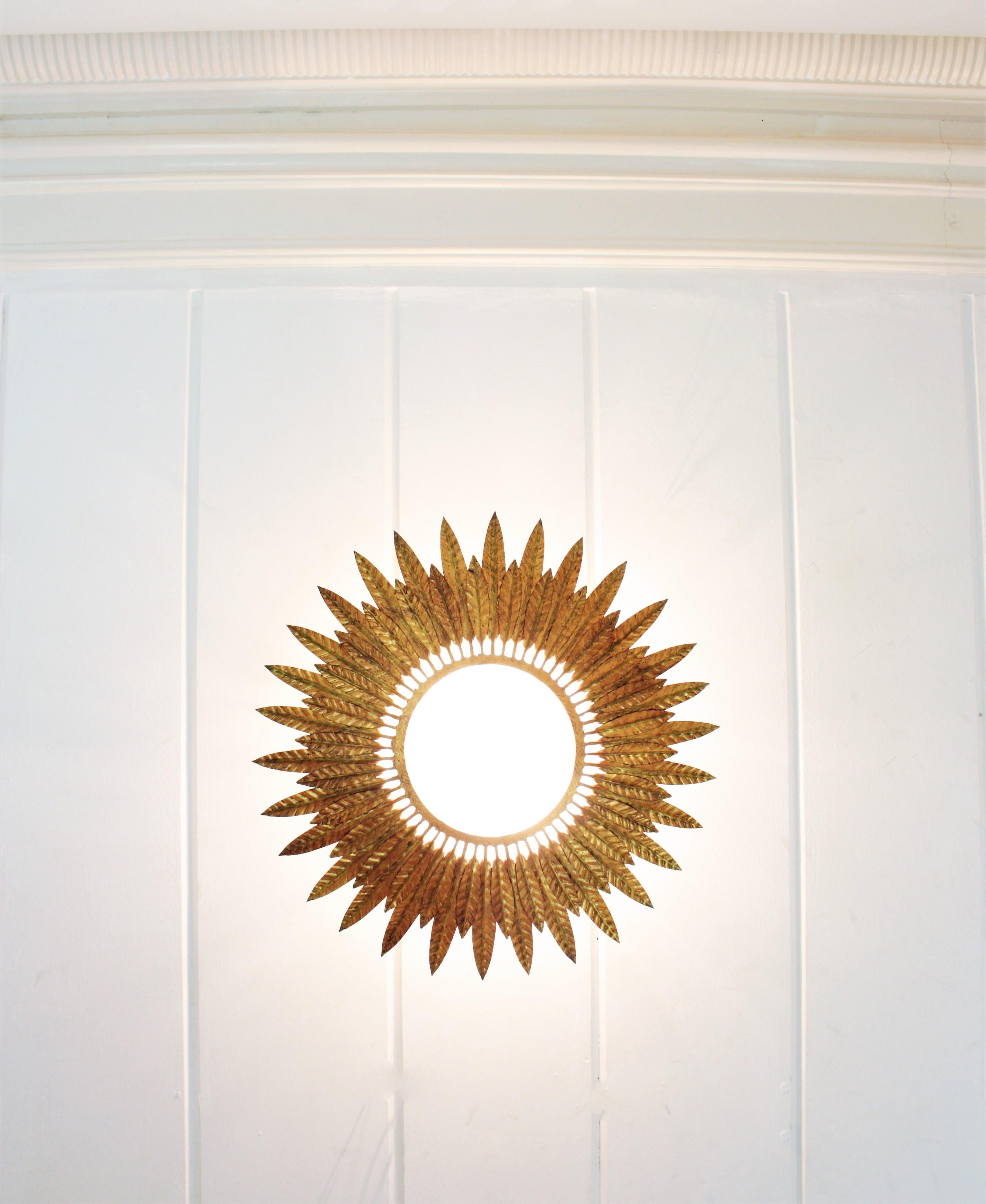 Gilt Iron Sunburst Leafed Light Fixture with Frosted Glass, Spain, 1950s For Sale 8