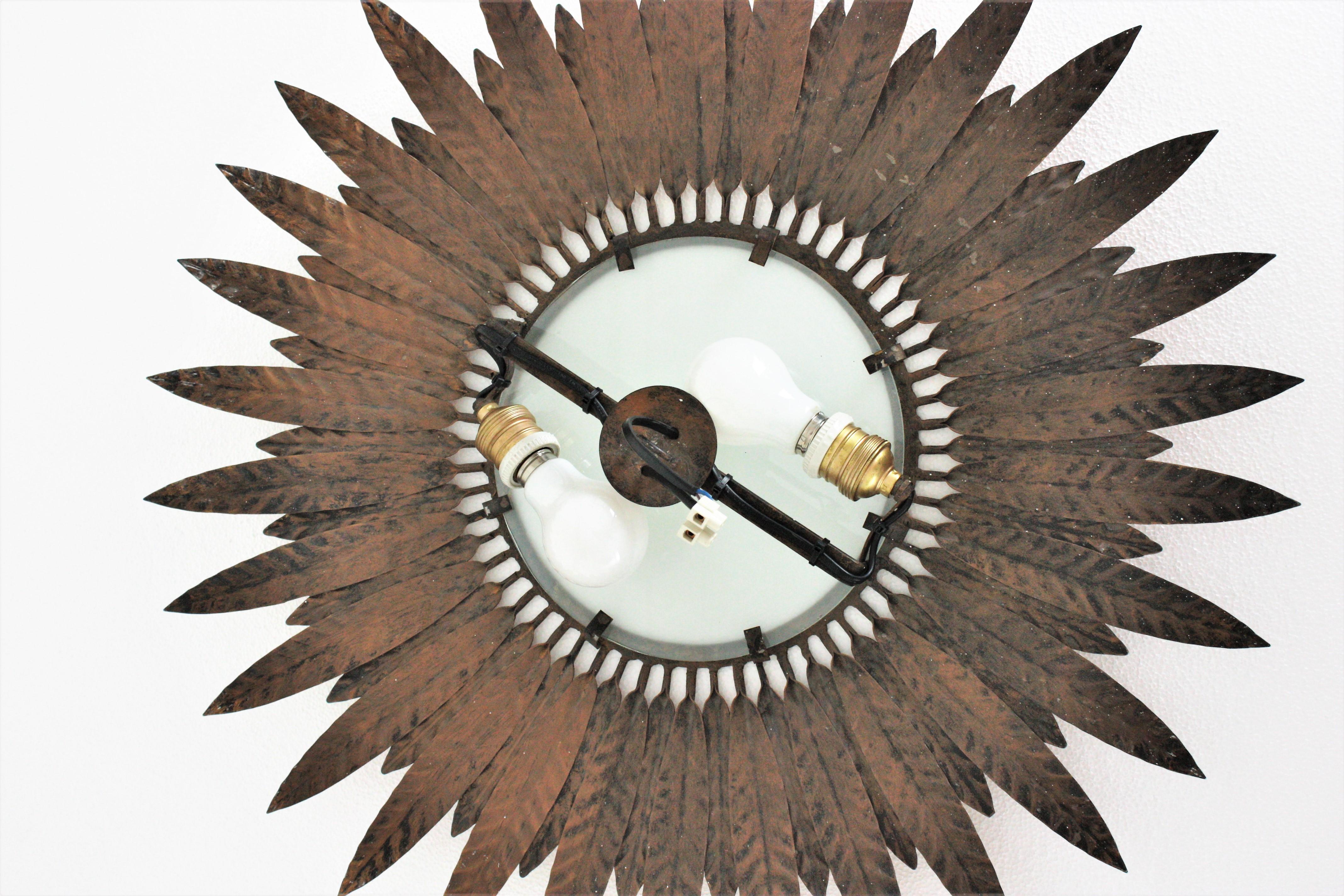 Gilt Iron Sunburst Leafed Light Fixture with Frosted Glass, Spain, 1950s For Sale 9