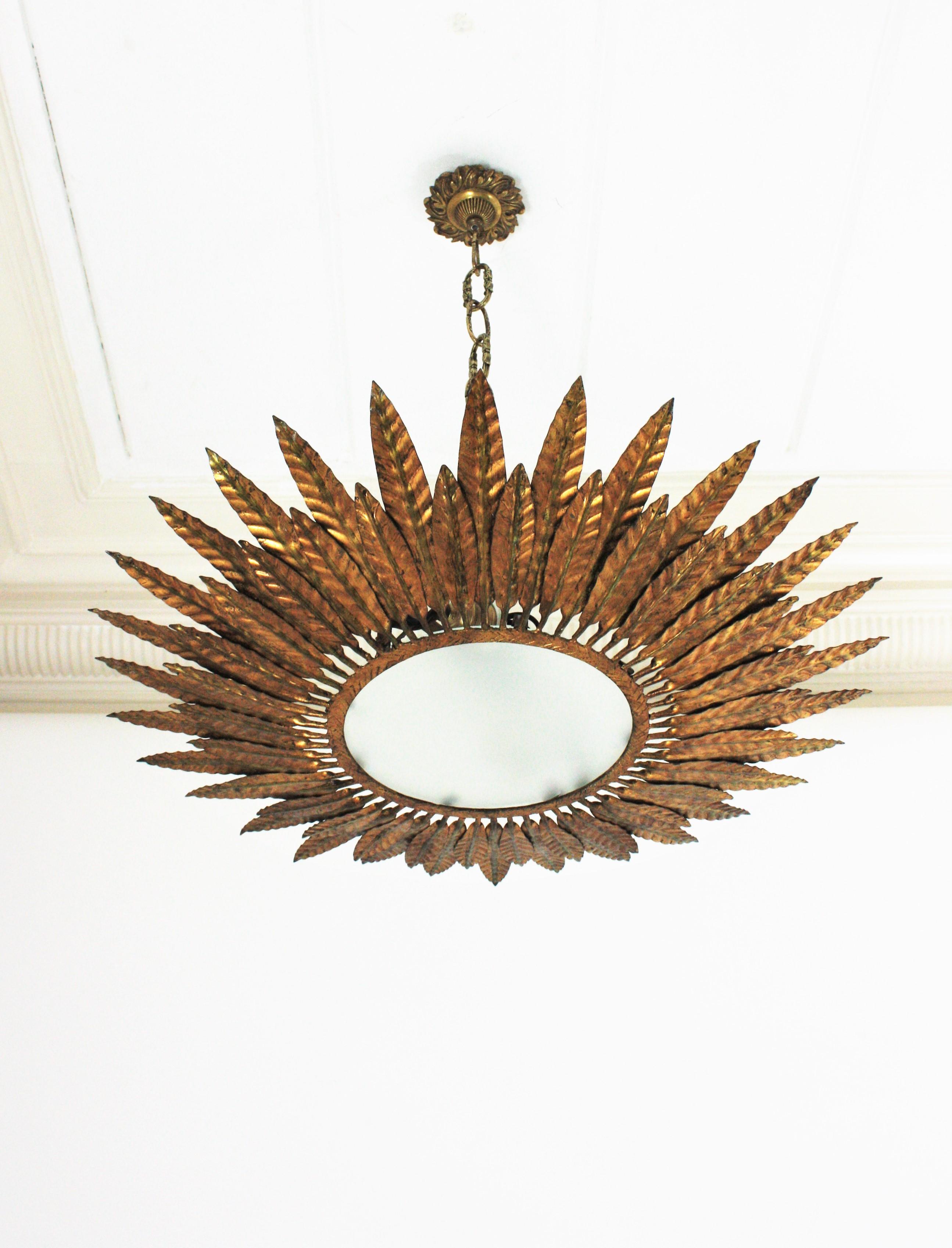 Gilt Iron Sunburst Leafed Light Fixture with Frosted Glass, Spain, 1950s For Sale 10