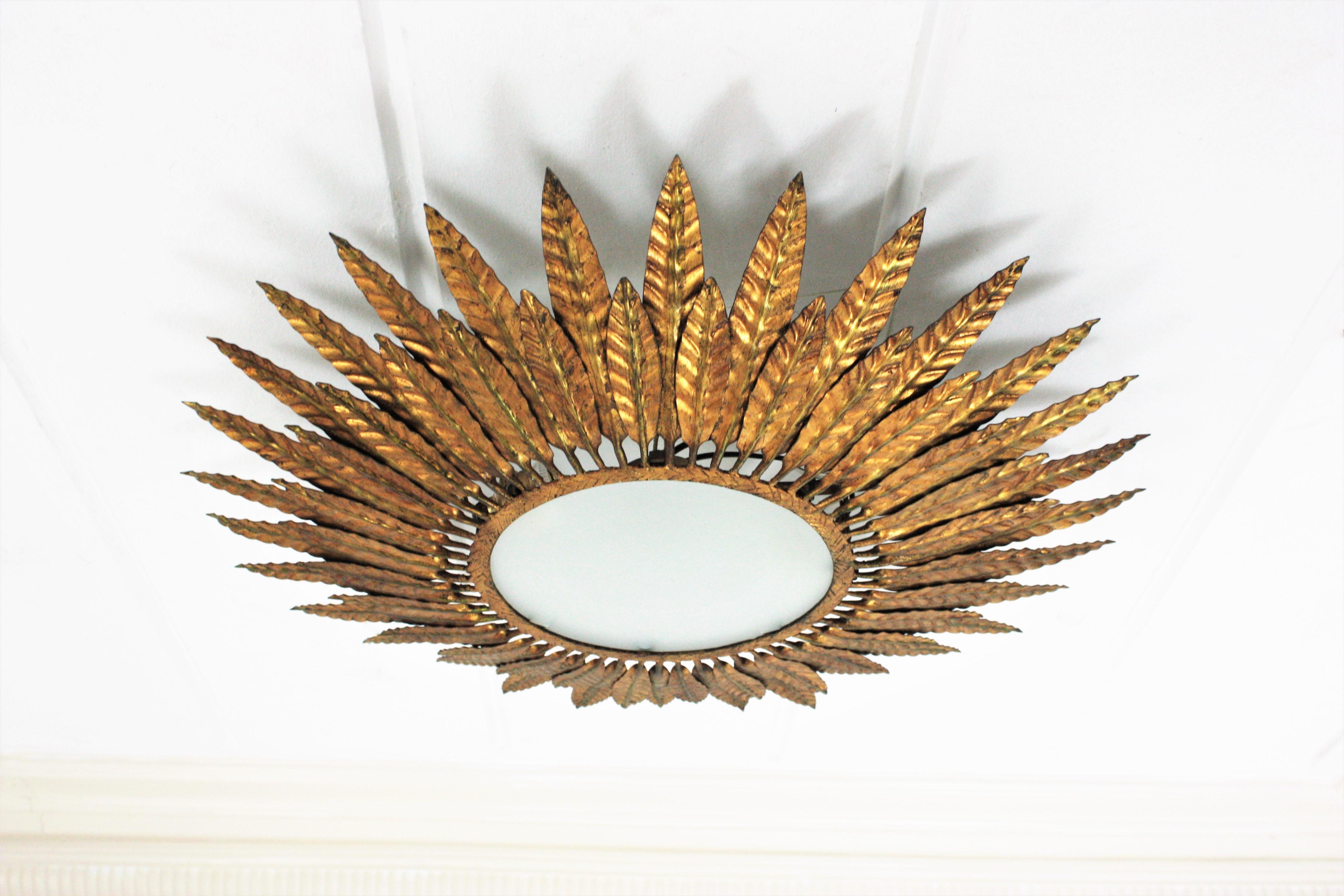 Mid-Century Modern Gilt Iron Sunburst Leafed Light Fixture with Frosted Glass, Spain, 1950s For Sale