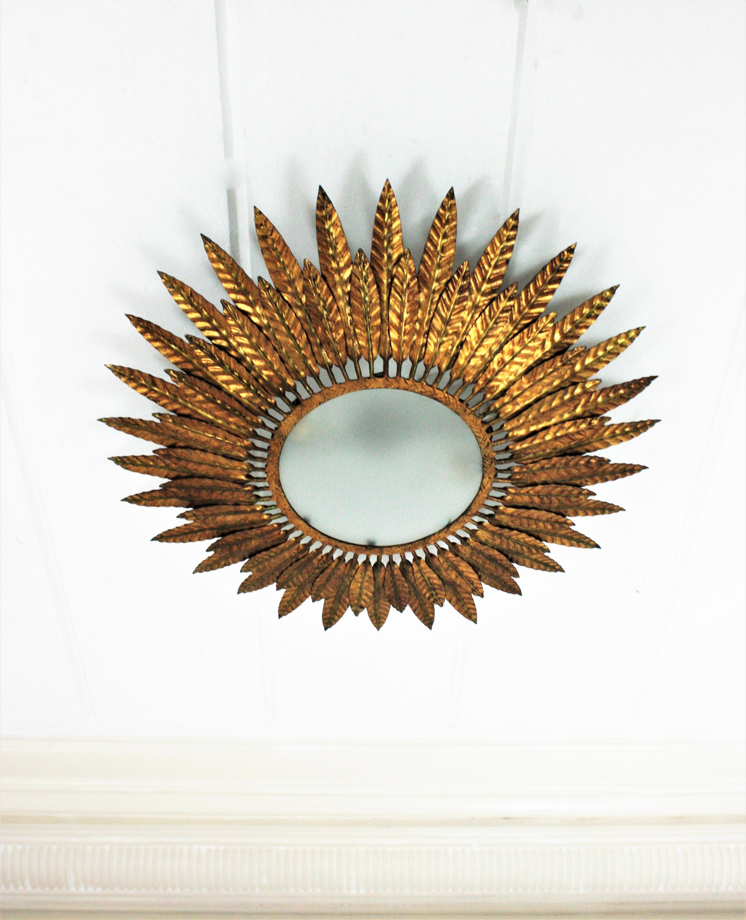 Gilt Iron Sunburst Leafed Light Fixture with Frosted Glass, Spain, 1950s In Good Condition For Sale In Barcelona, ES