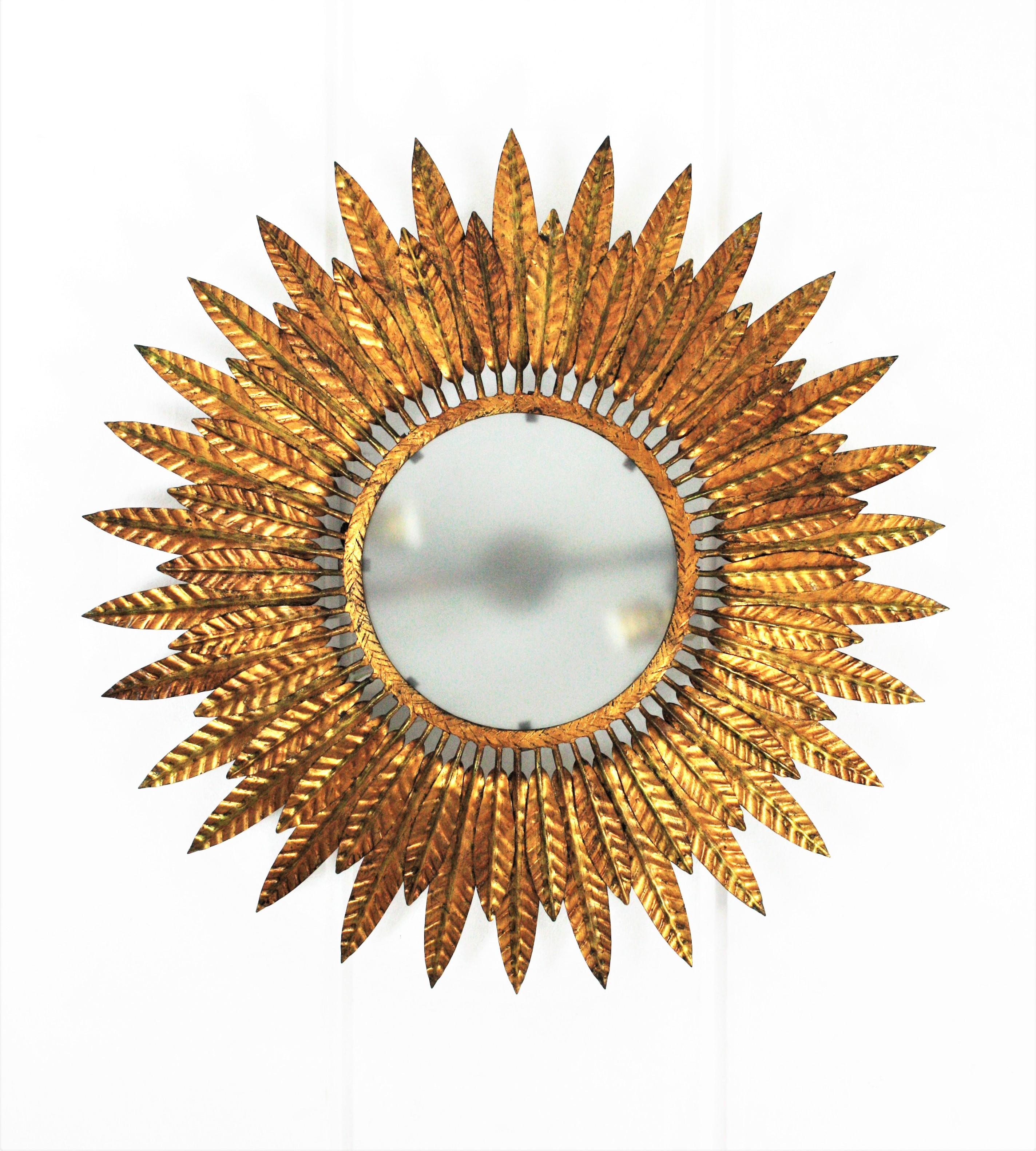 Metal Gilt Iron Sunburst Leafed Light Fixture with Frosted Glass, Spain, 1950s For Sale