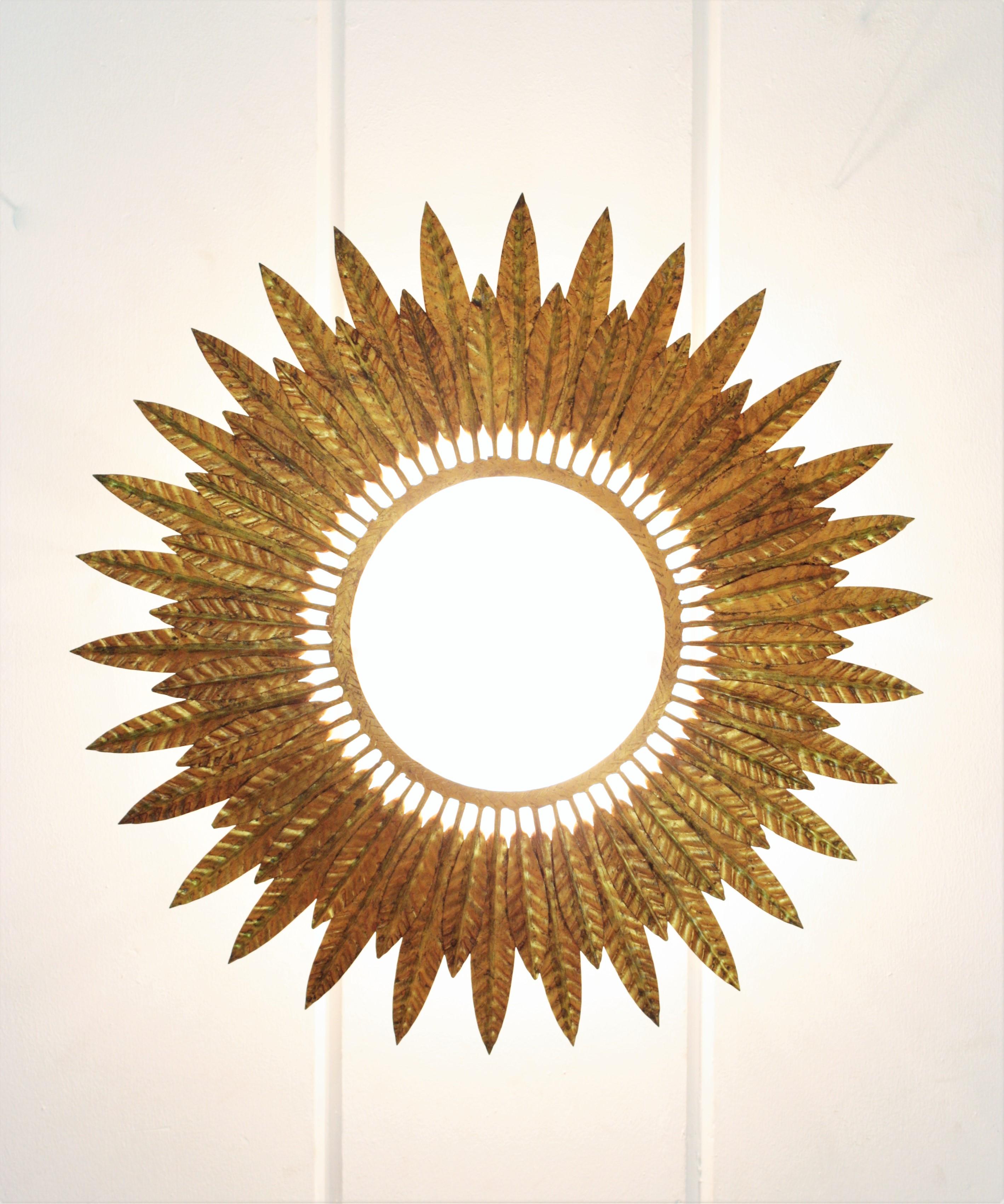 Gilt Iron Sunburst Leafed Light Fixture with Frosted Glass, Spain, 1950s For Sale 1