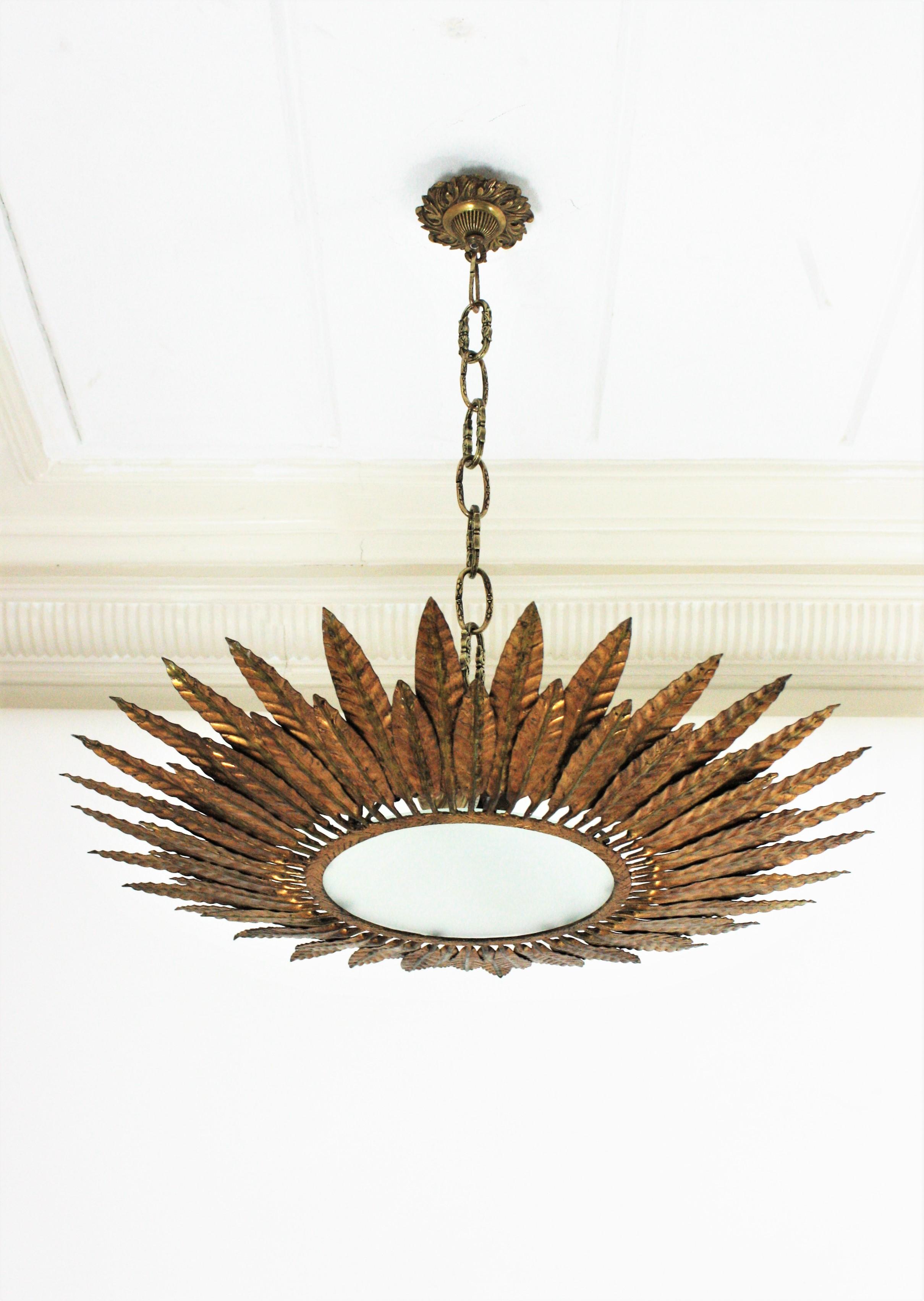 Gilt Iron Sunburst Leafed Light Fixture with Frosted Glass, Spain, 1950s For Sale 2