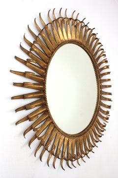 Large Spanish Sunburst Mirror in Gilt Wrought Iron, 1950