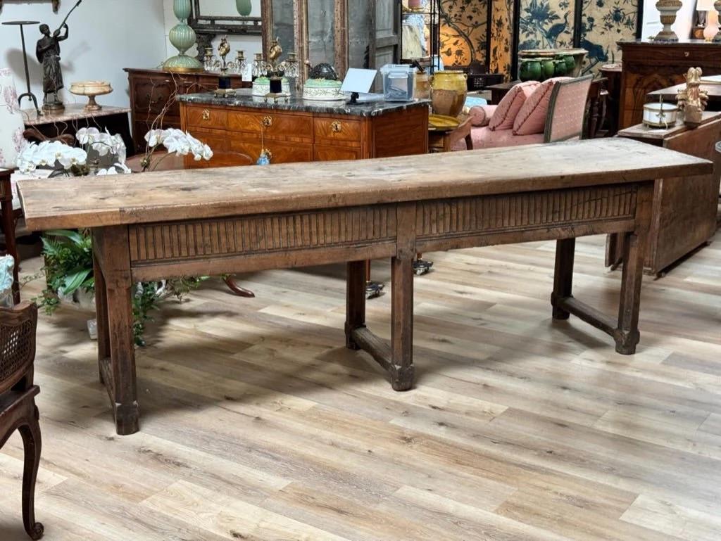 Large Spanish Baroque Table or buffet server, walnut, 17th Century, the thick rectangular top over two wide drawers flanking two narrower drawers, original hardware. 32’ h. x 103” w x 25.25” d.



