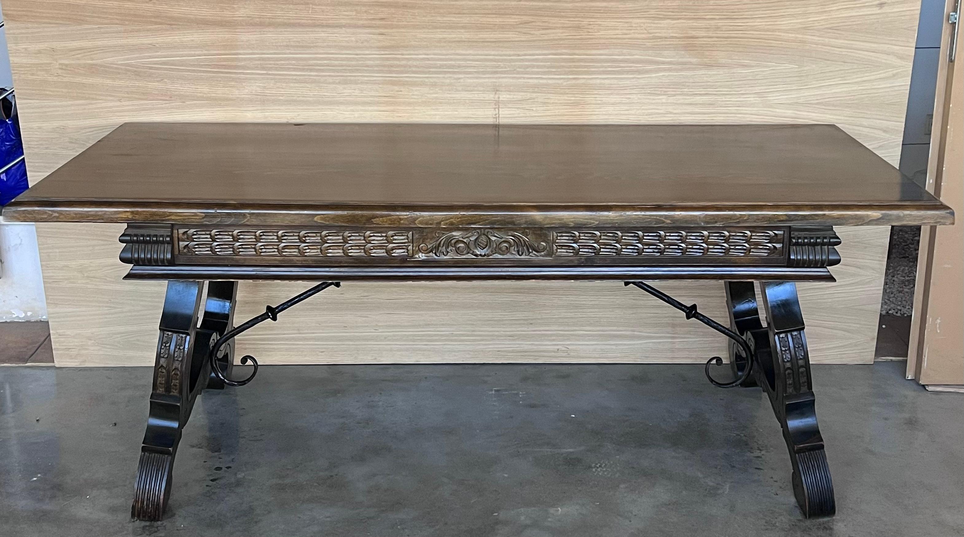 Renaissance Large Spanish Two Faces Baroque Style Oak Library Table or Center table For Sale