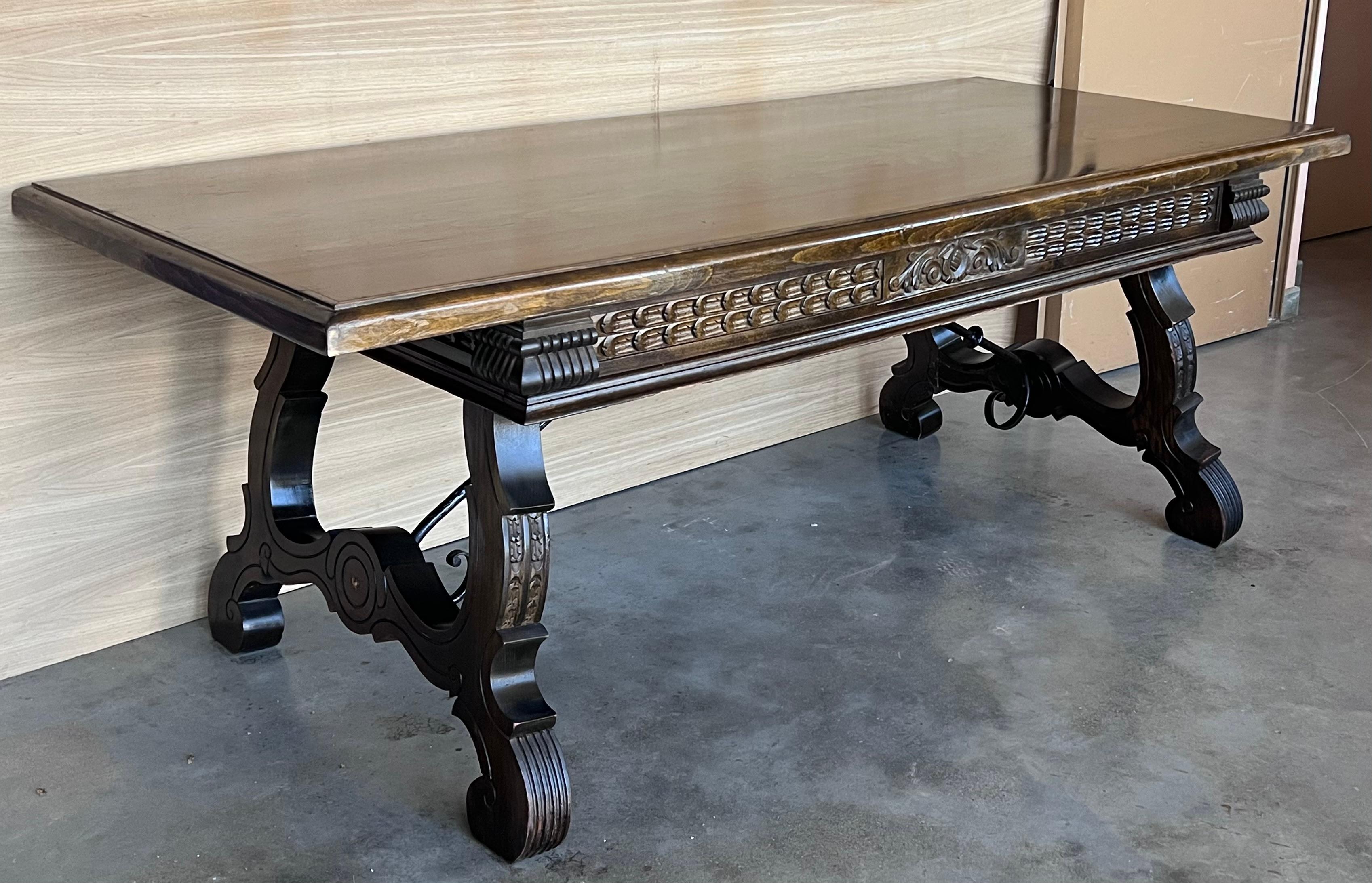 20th Century Large Spanish Two Faces Baroque Style Oak Library Table or Center table For Sale