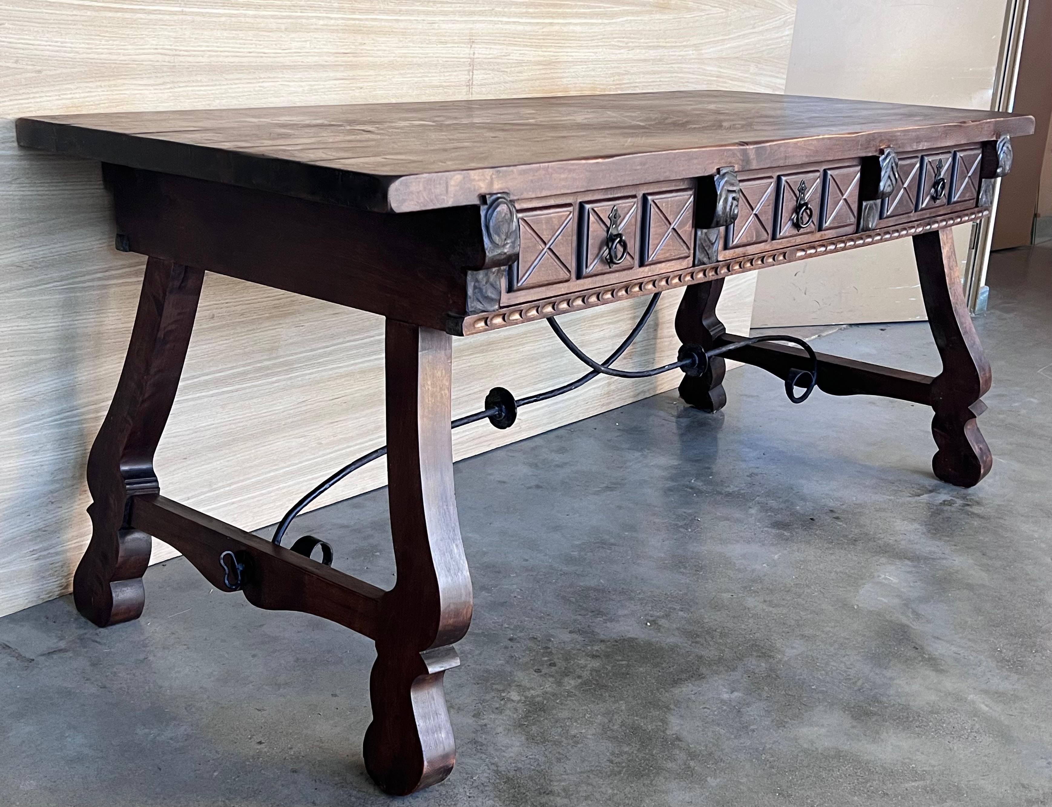 20th Century Large Spanish Two Faces Baroque Style Oak Library Table or Center table