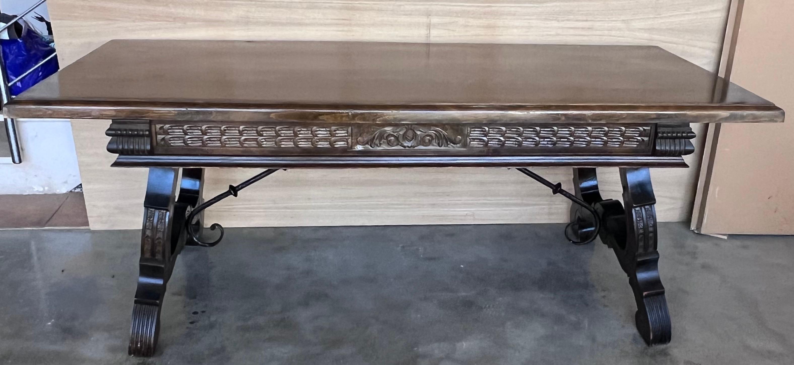 Walnut Large Spanish Two Faces Baroque Style Oak Library Table or Center table For Sale