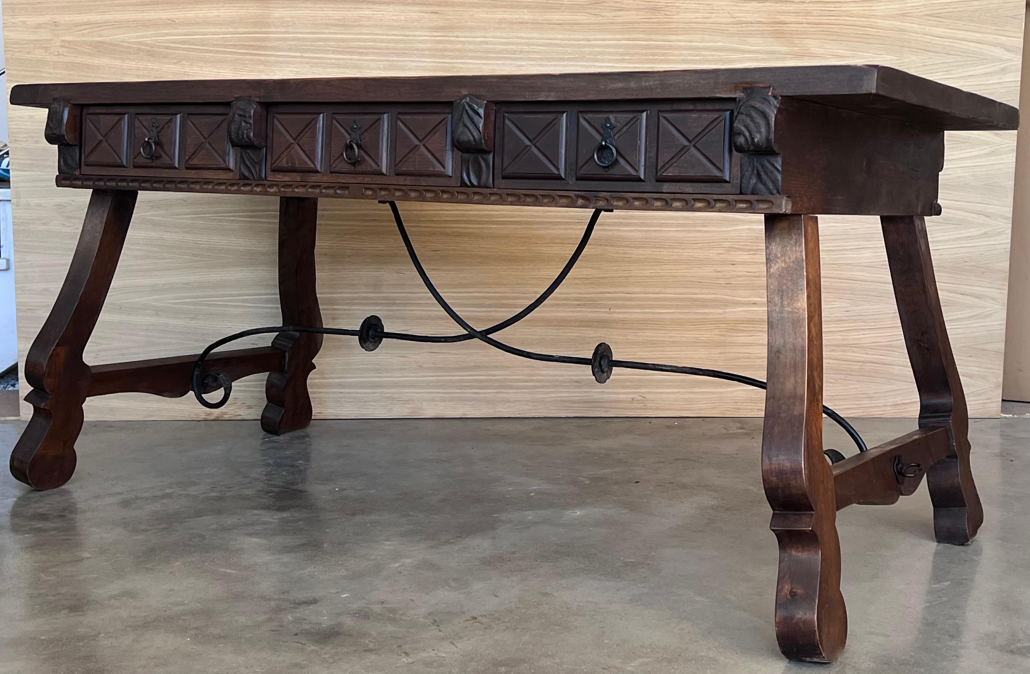 Walnut Large Spanish Two Faces Baroque Style Oak Library Table or Center table
