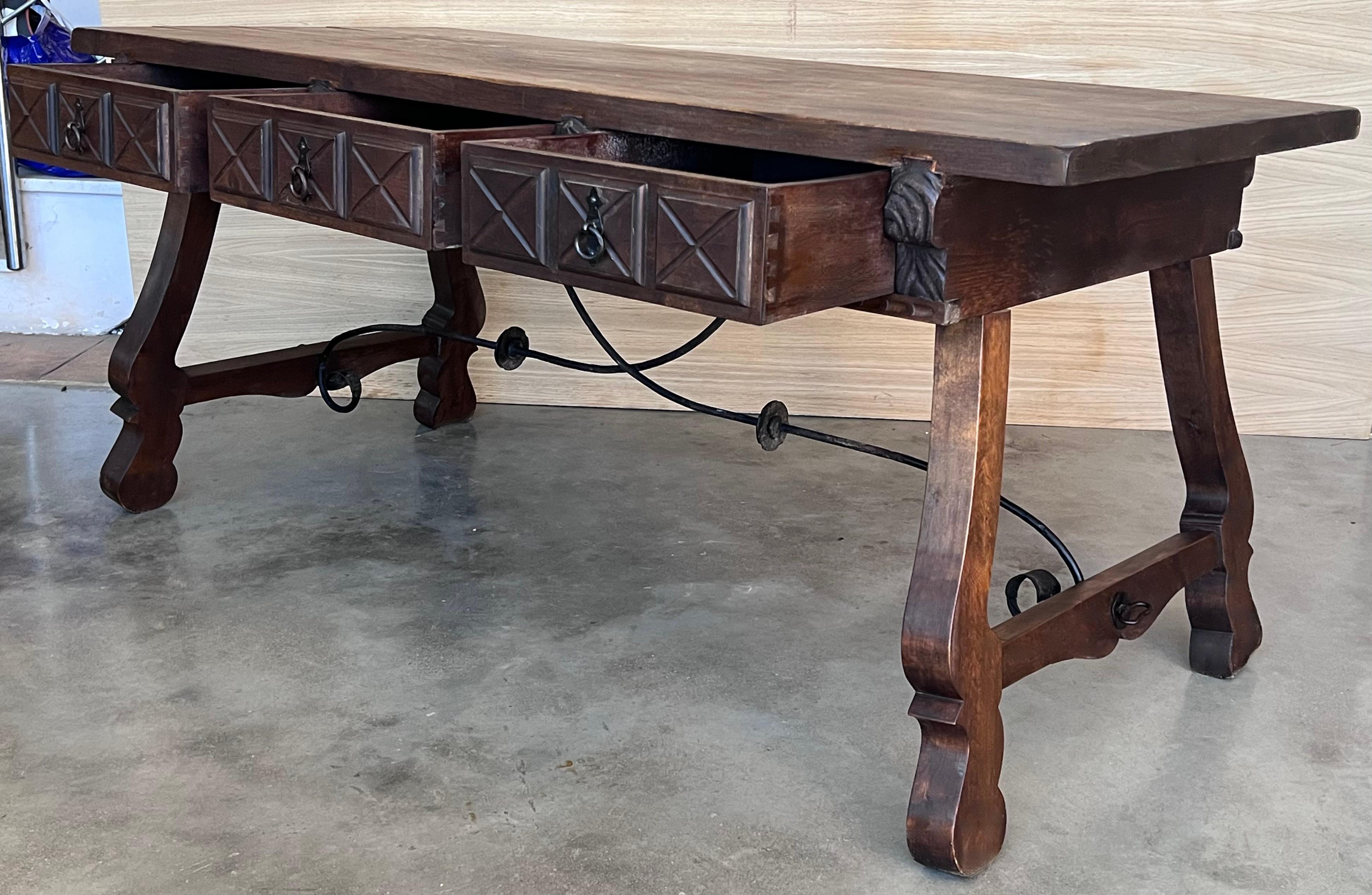 Large Spanish Two Faces Baroque Style Oak Library Table or Center table 1