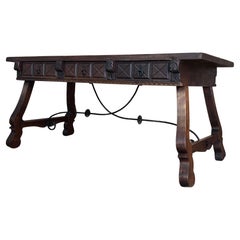 Large Spanish Two Faces Baroque Style Oak Library Table or Center table