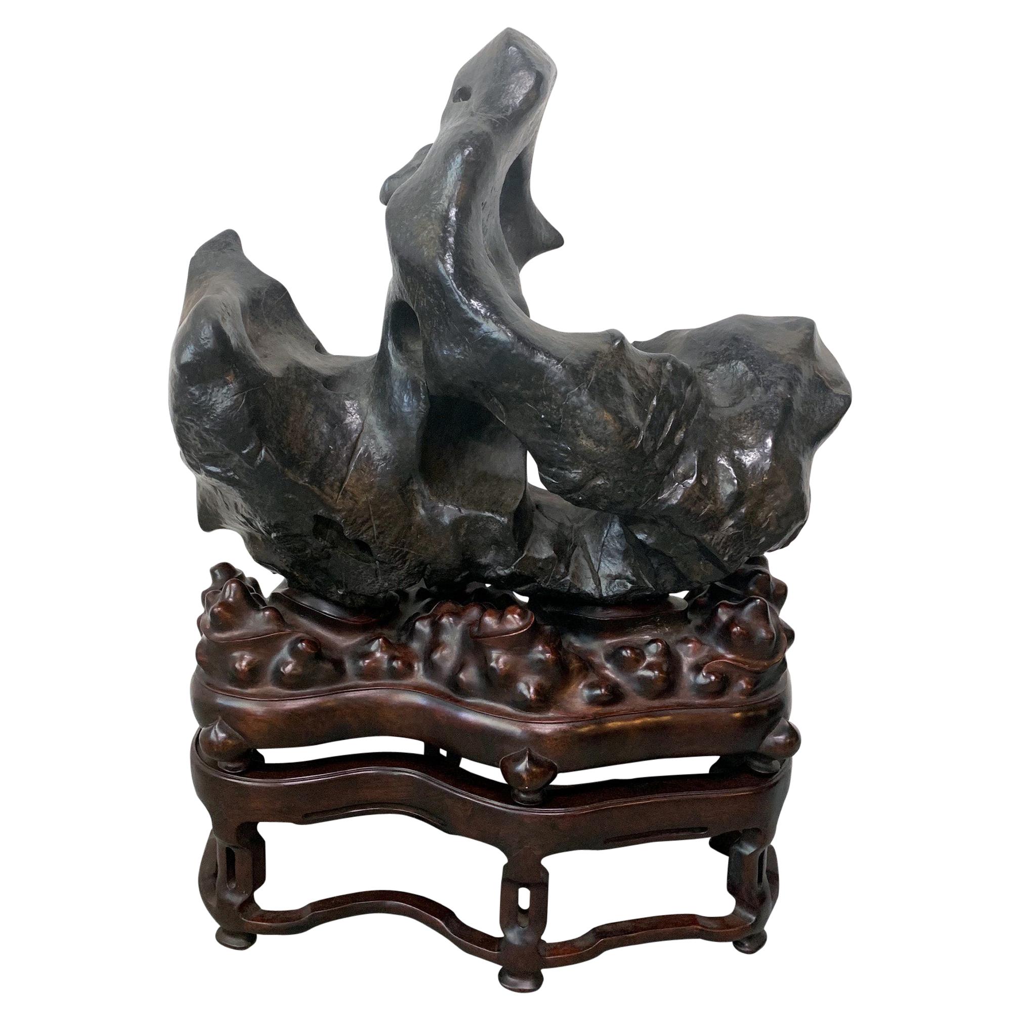 Large Spectacular Chinese Lingbi Scholar Stone on Stand For Sale