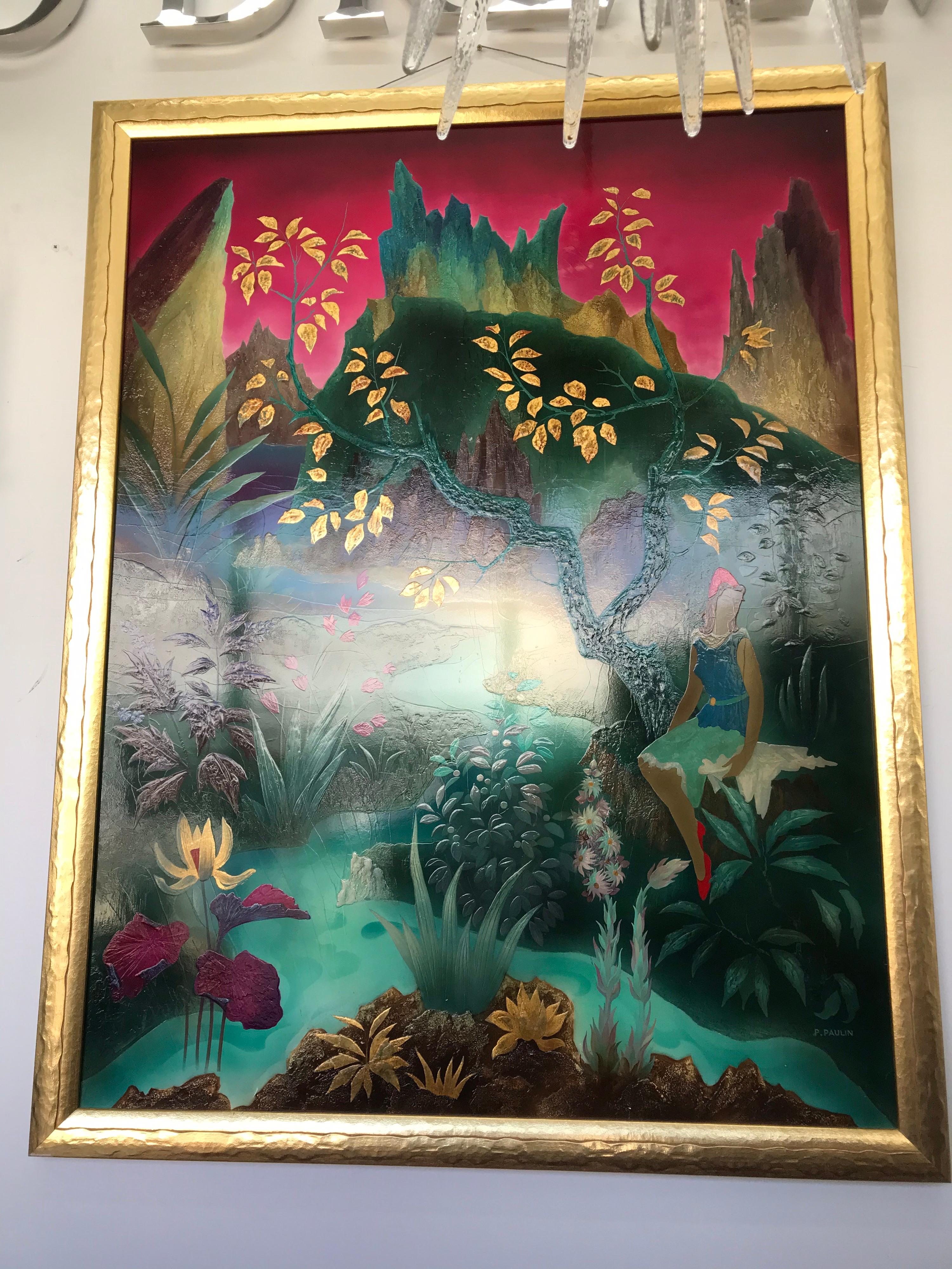 Imaginary landscape and a girl, lacquer by Pierre Paulin (1907-2007)
Lacquer painting with gold leaf, by Pierre Paulin representing an imaginary landscape inspired by Asian
The important digital flower and the graphic vegetation around the water