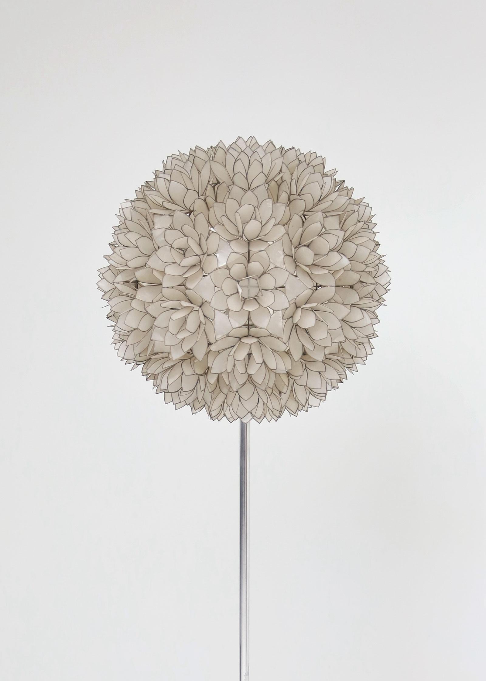Beautiful Lotus flower floor lamp in spherical shape consisting of Lotus Capiz shaped flowers. Manufacturer is Rausch Beleuchtung, Made in Germany who produced these during the late 70s. Very high quality and precious made craftsmanship. The black