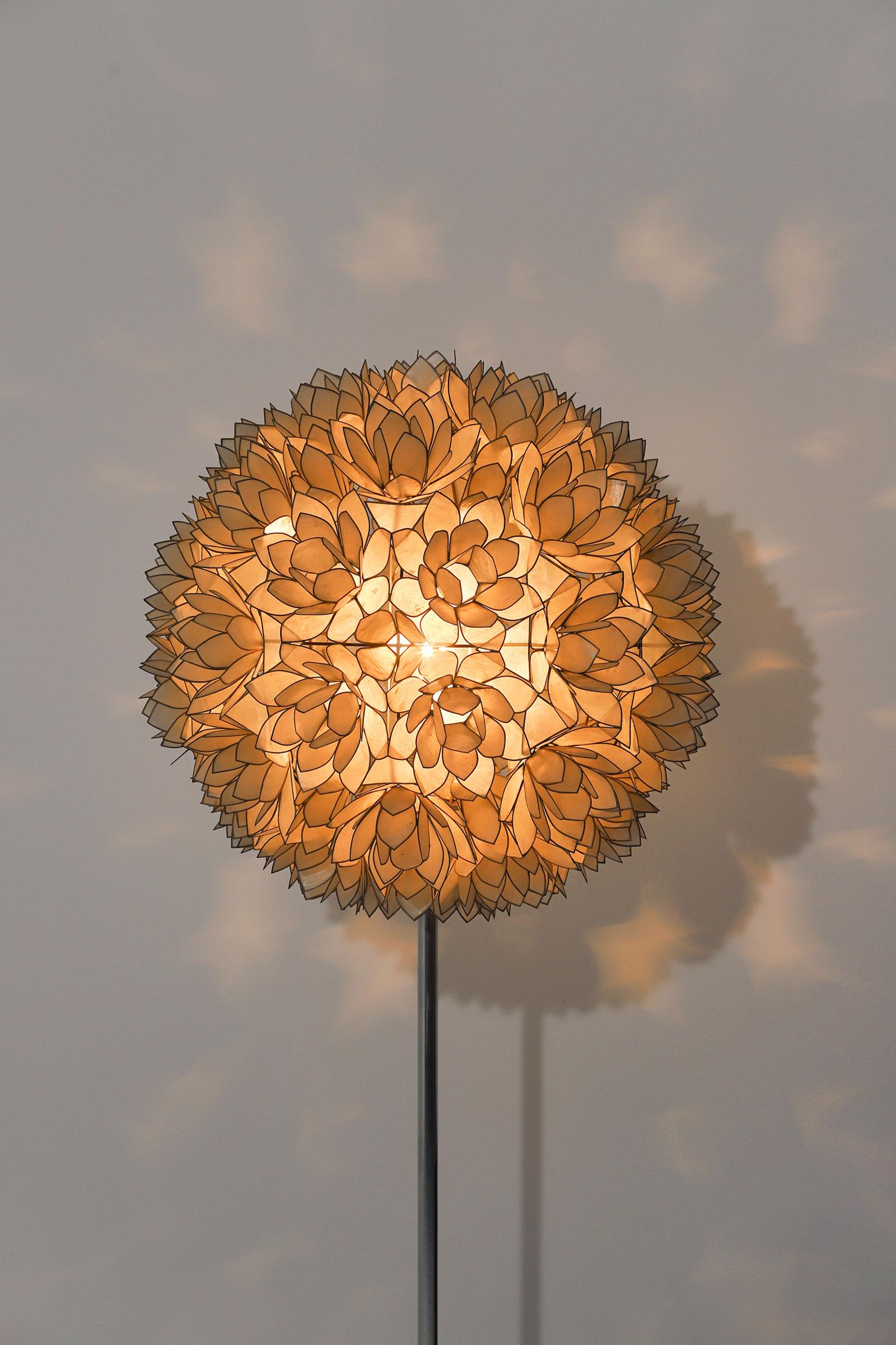 Mid-Century Modern Large Spherical Capiz Lotus Flower Floor Lamp 1970s by Rausch Beleuchtung For Sale