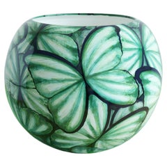 Large Spherical Italian Handmade Majolica Green Glazed Majolica Butterfly Vase