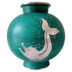 Grand vase sphérique en grès motif poisson "Argenta", série scandinave moderne