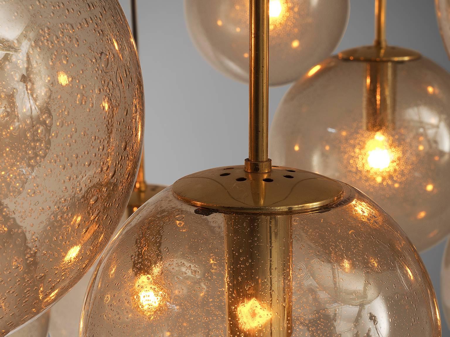 Mid-Century Modern Large 'Spider' Chandelier with 15 Spheres in Smoked Glass and Brass