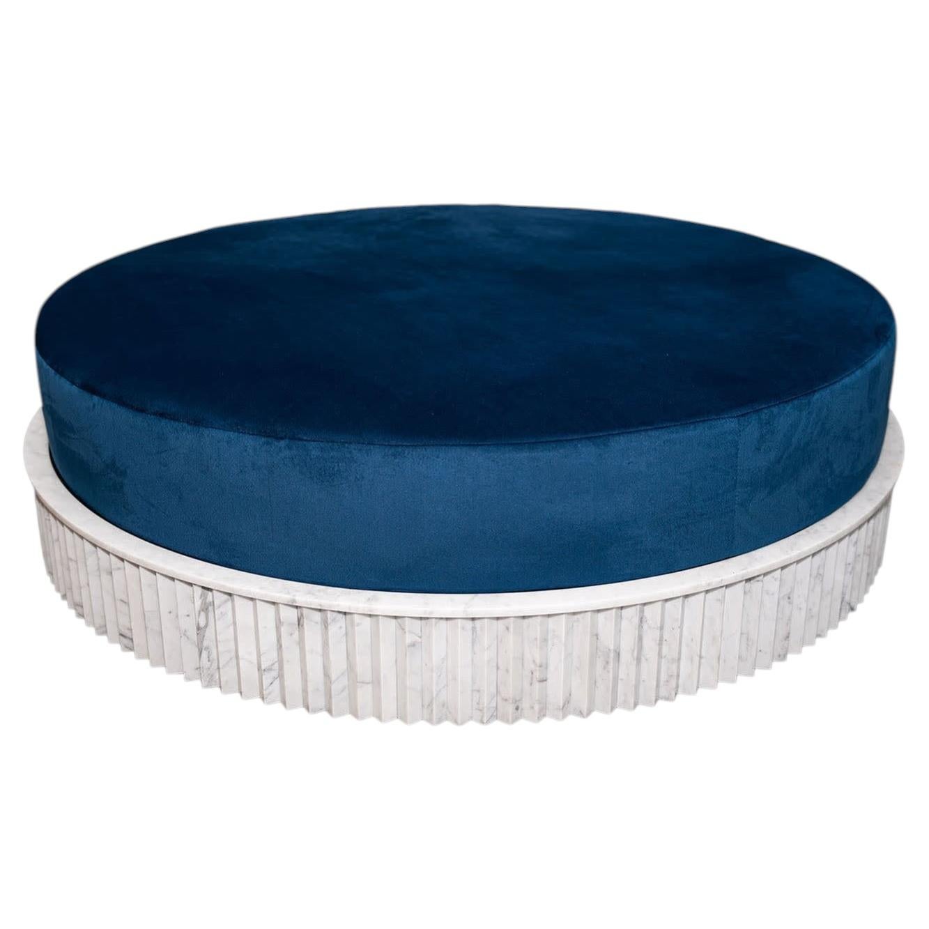 Large Spike Blue Velvet and Carrara Marble Ottoman By Nick Maltese For Sale