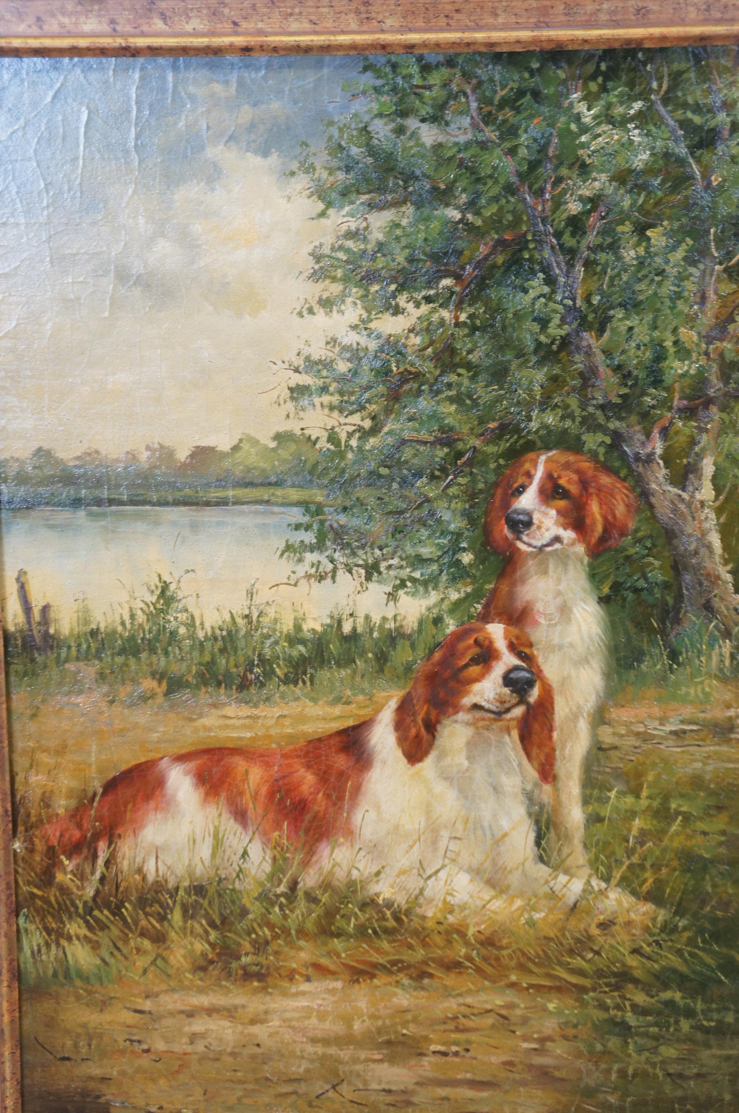 20ième siècle Grand portrait de paysage avec chien épagneul Springer, peinture à l'huile sur panneau 49