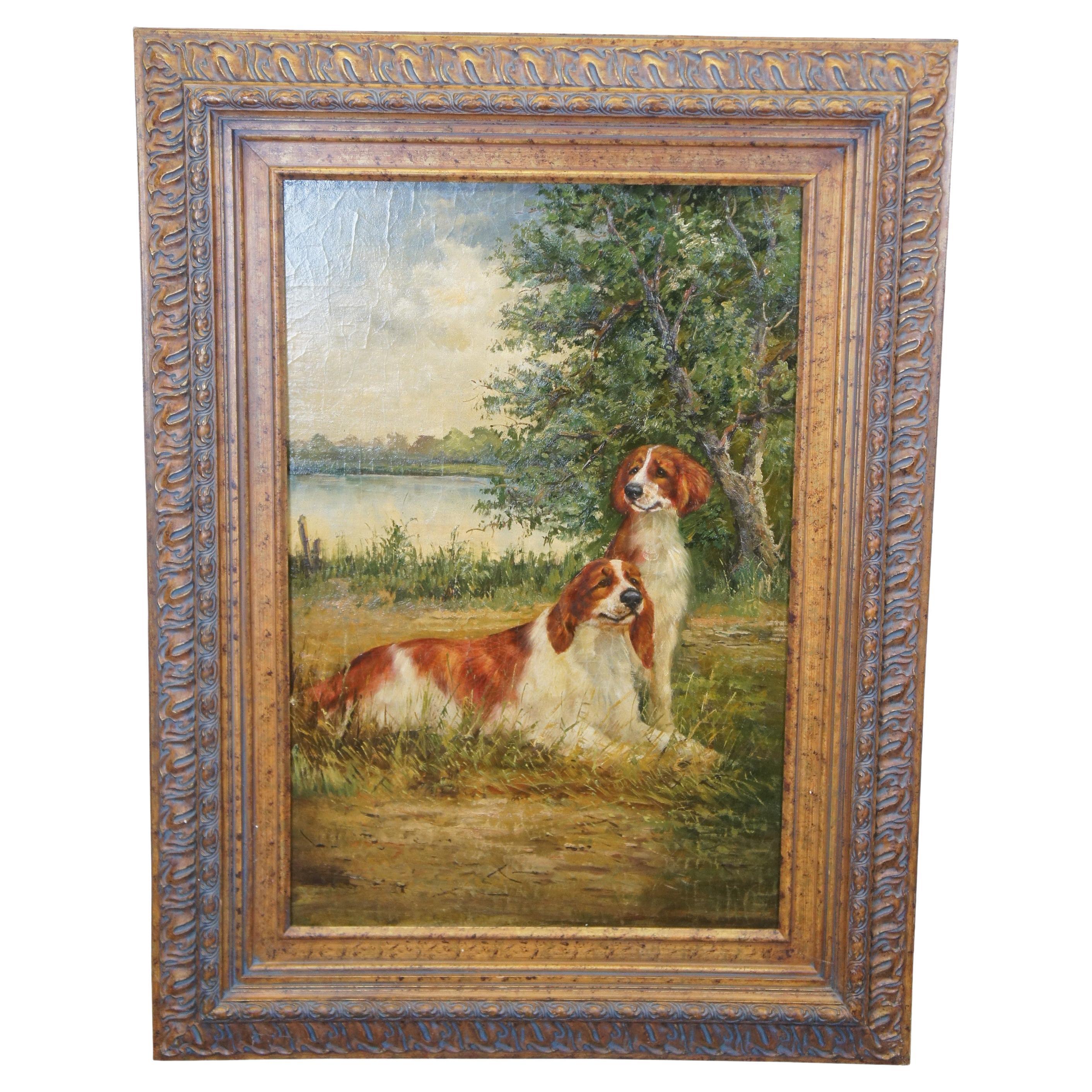 Grand portrait de paysage avec chien épagneul Springer, peinture à l'huile sur panneau 49"