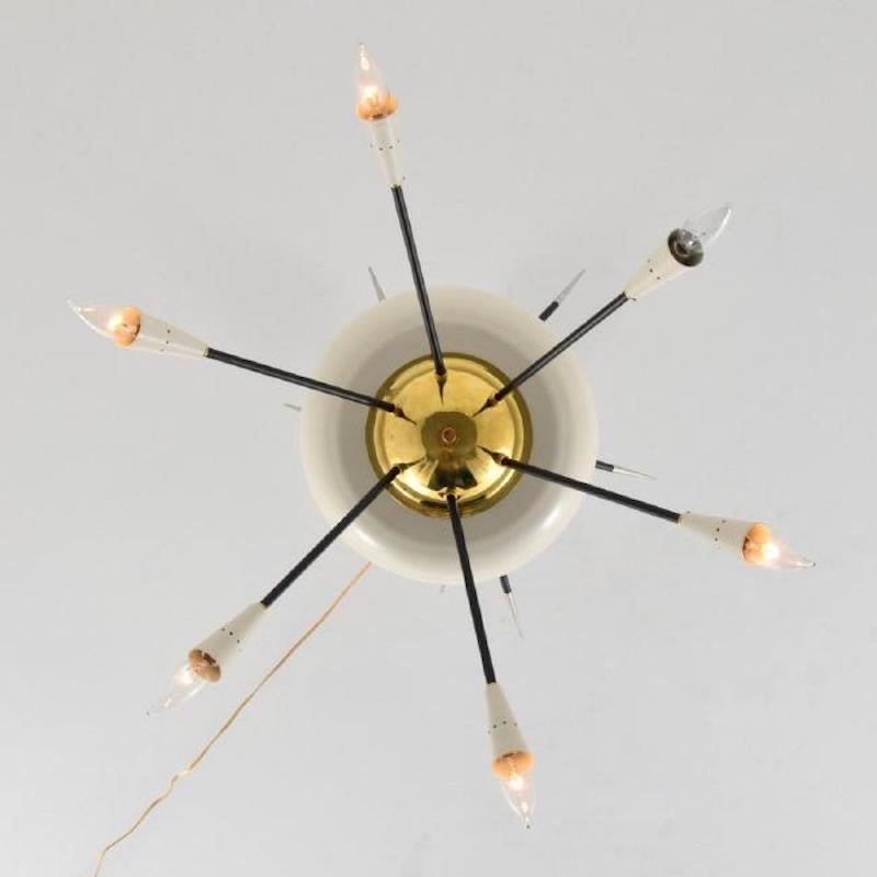 Large Sputnik Brass, Chrome and Enamel Chandelier Attributed to Stilnovo In Good Condition In Miami, FL