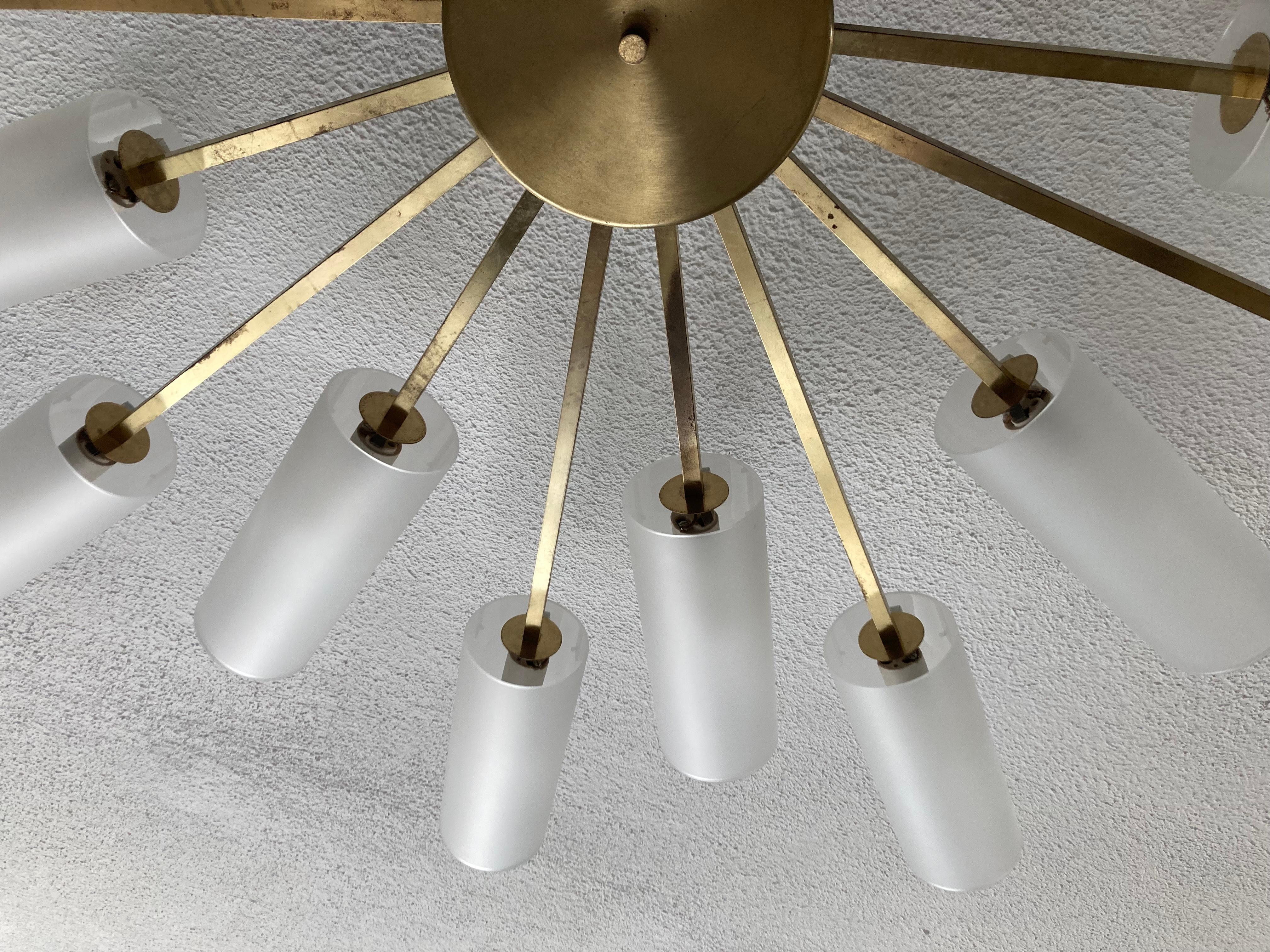 Large Sputnik Chandelier, Brass and Frosted Glass, 1950s Italy For Sale 8