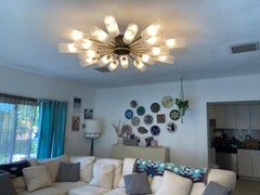 Large Sputnik Chandelier, Brass and Frosted Glass, 1950s Italy