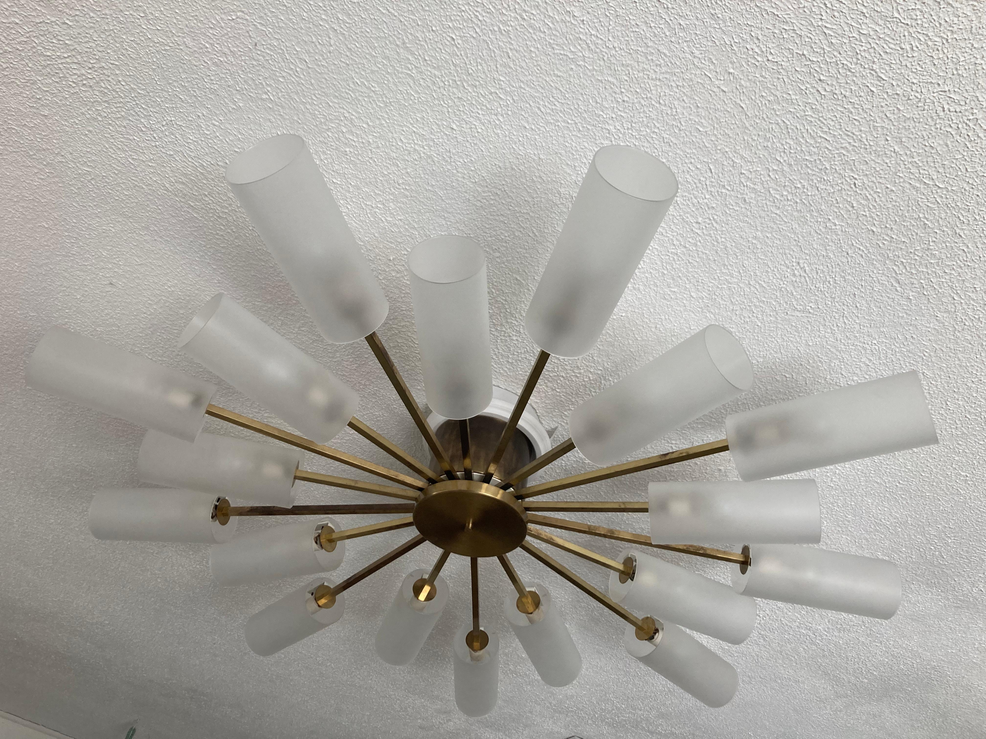 Italian Large Sputnik Chandelier, Brass and Frosted Glass, 1950s Italy For Sale