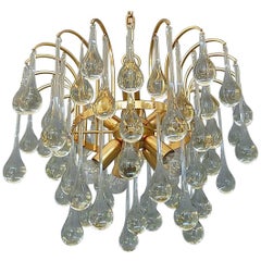 Large Sputnik Chandelier Gilt Brass Elongated Murano Glass Drops Waterfall 1960s
